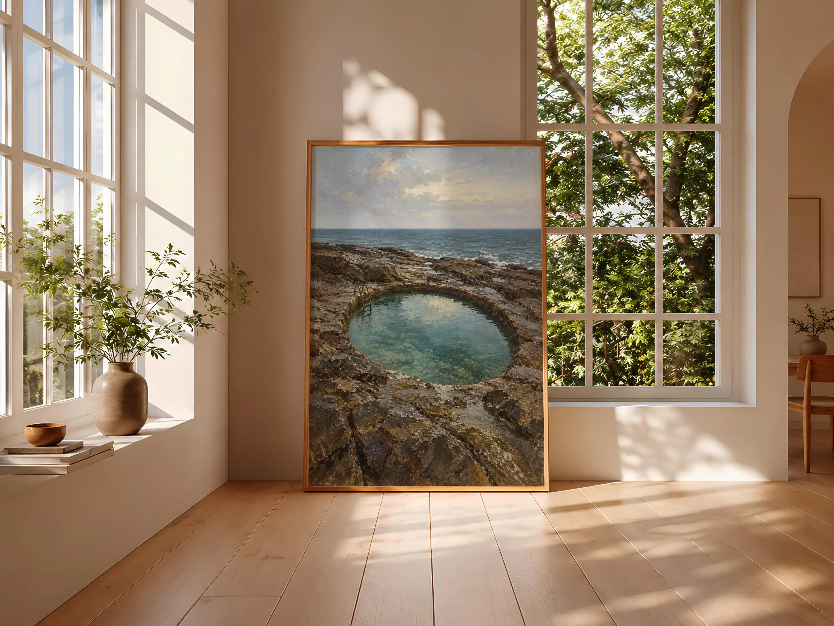 Cold Water Rock Pool Print, Moody Grey Coastal Oil Painting – Calm Wall Art by Artsify thumbnail 3