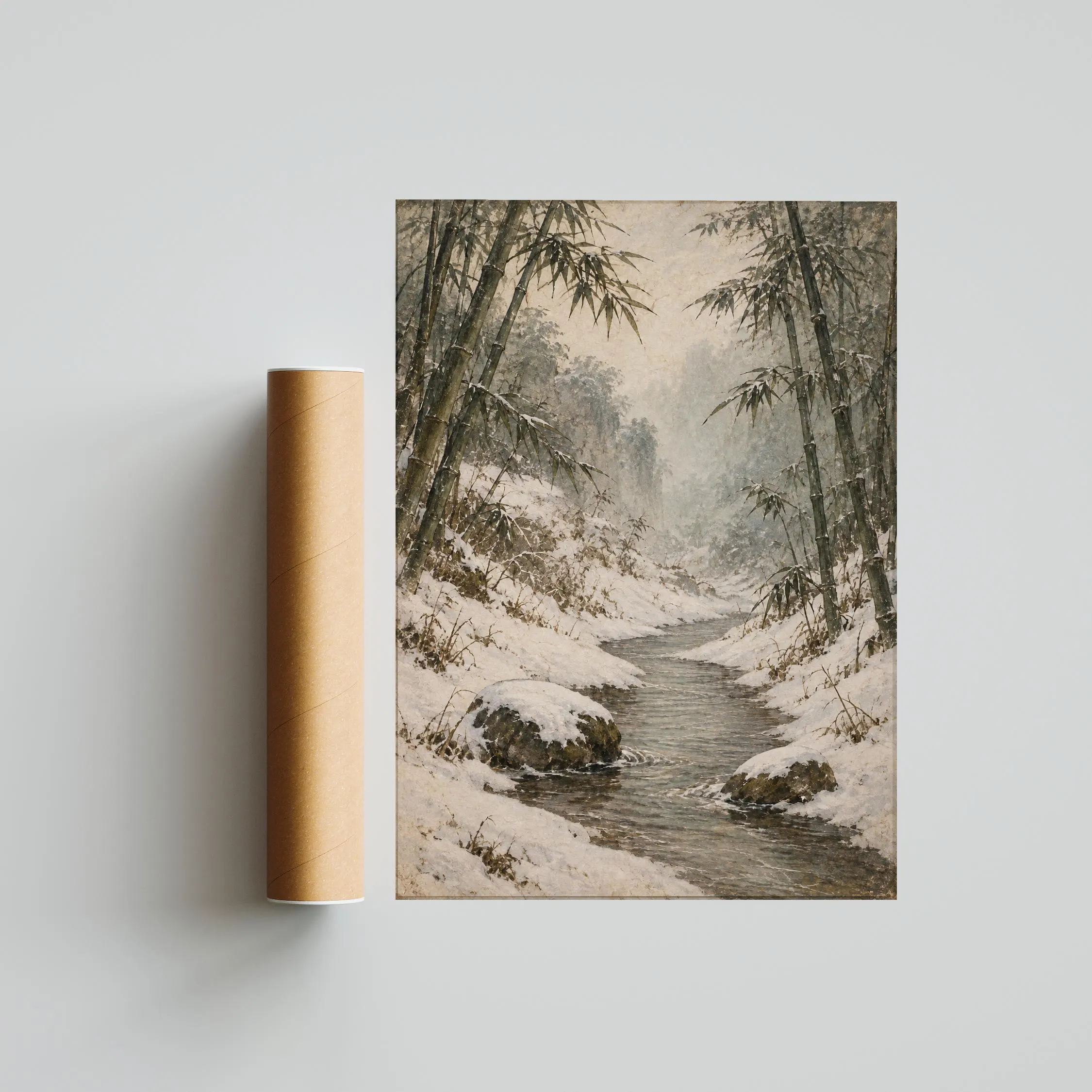 Snowy Bamboo Ravine Wall Art, Japanese Winter Landscape Painting, Japandi Bedroom Decor – Calm Wall Art by Artsify thumbnail 5