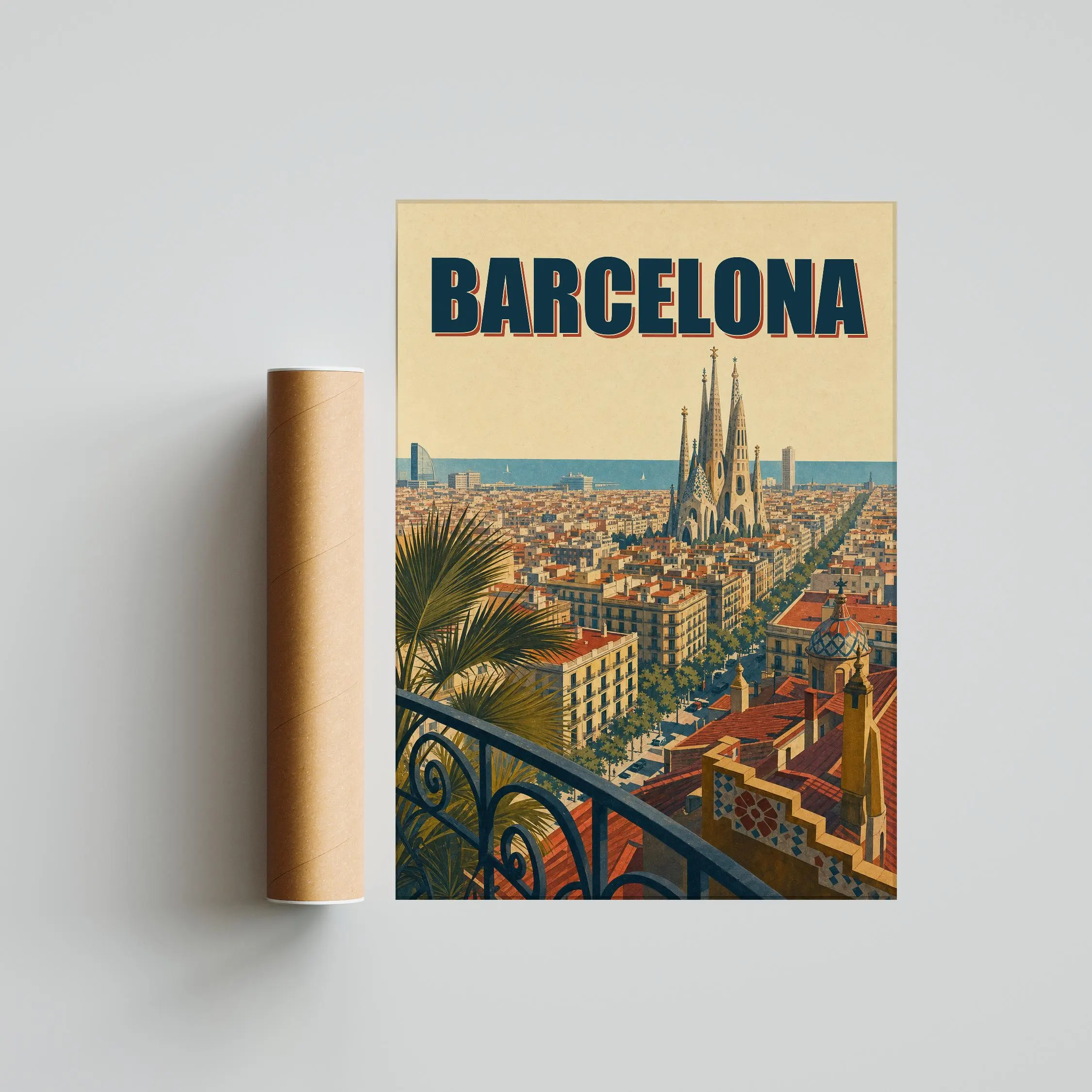 Barcelona Travel Poster Print, Vintage Skyline Wall Art, Bold Typography Poster, City Name Wall Decor, Housewarming Gift – Calm Wall Art by Artsify thumbnail 5