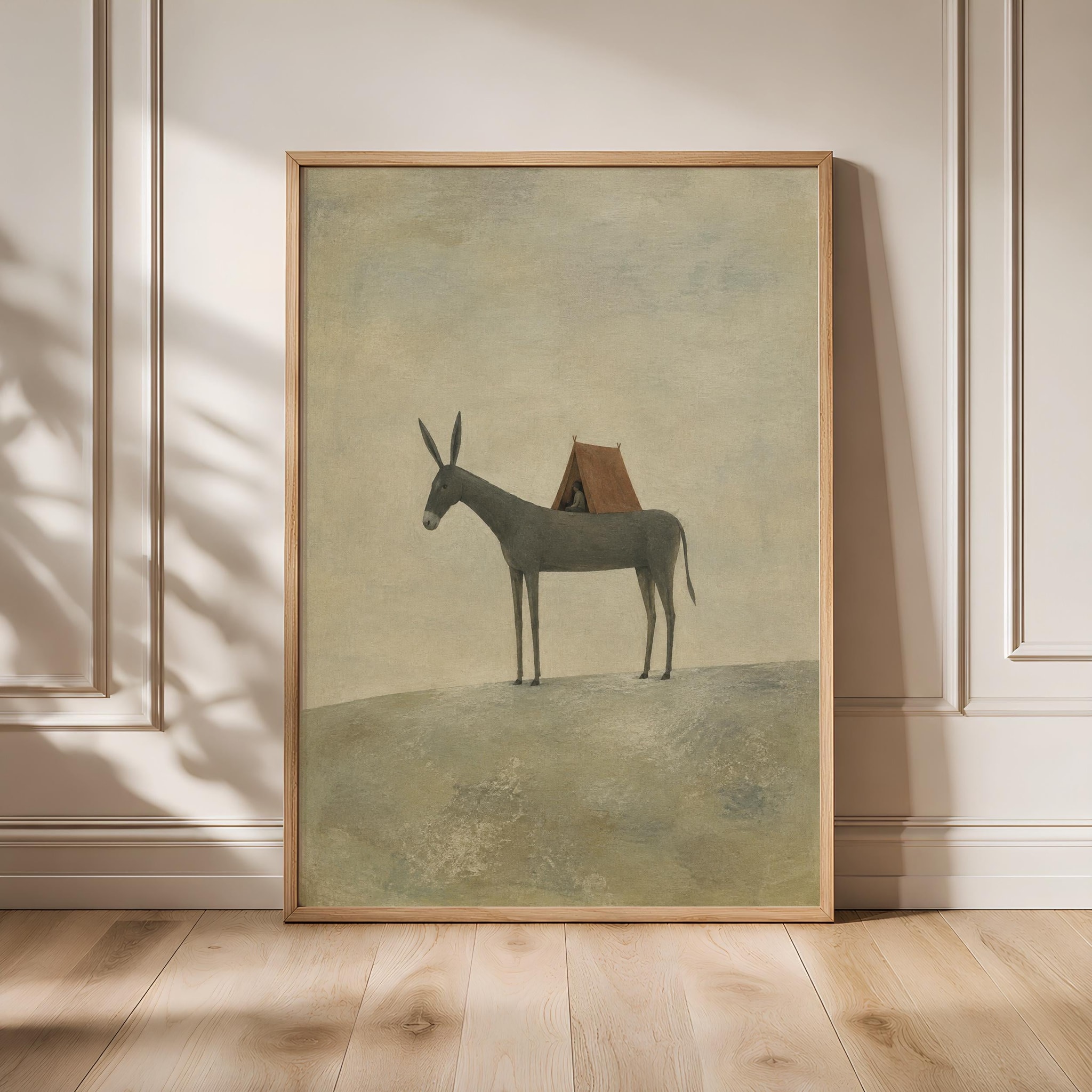 Donkey Camping Wall Art, Surreal Folk Animal Print with Tiny Tent – Calm Wall Art by Artsify