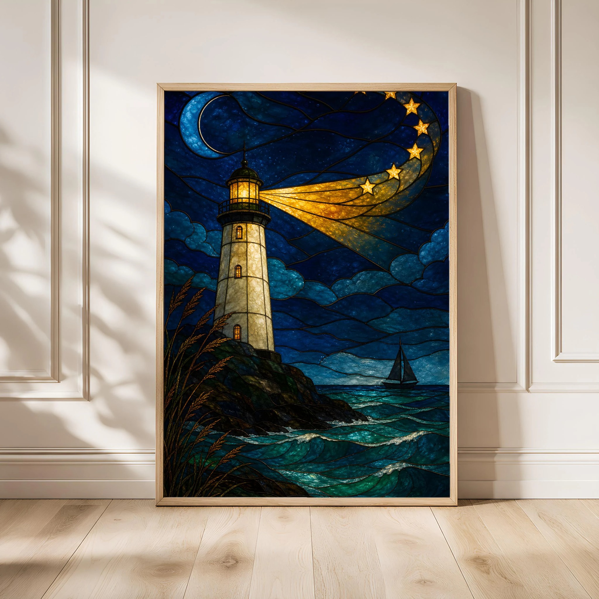 Lighthouse Stained Glass Print, Coastal Nautical Wall Art, Nighttime Ocean Poster, Sailor Gift, Housewarming Gift – Calm Wall Art by Artsify