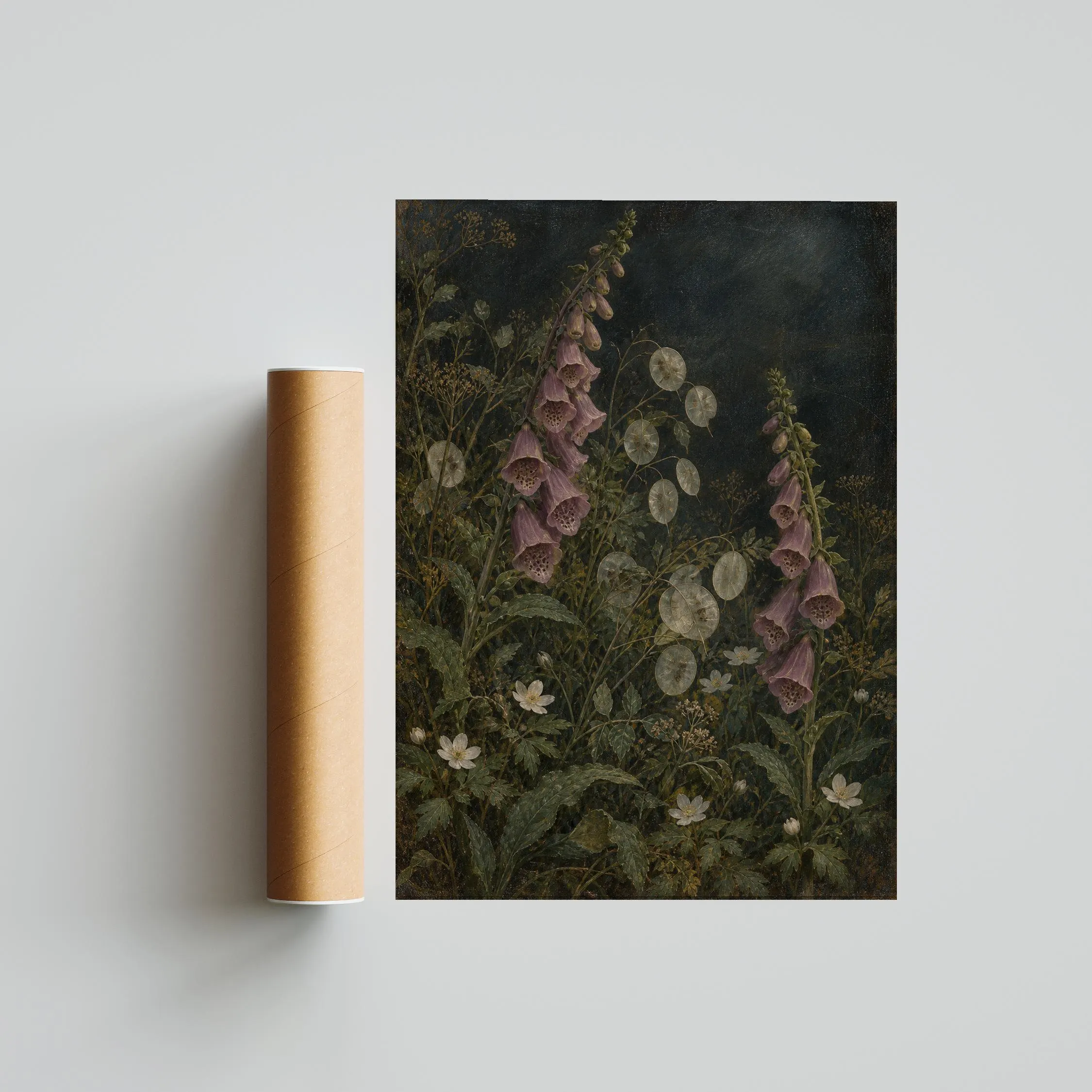 Foxglove and Honesty Wall Art, Moody Night Garden Oil Painting, Dark Academia Decor – Calm Wall Art by Artsify thumbnail 5