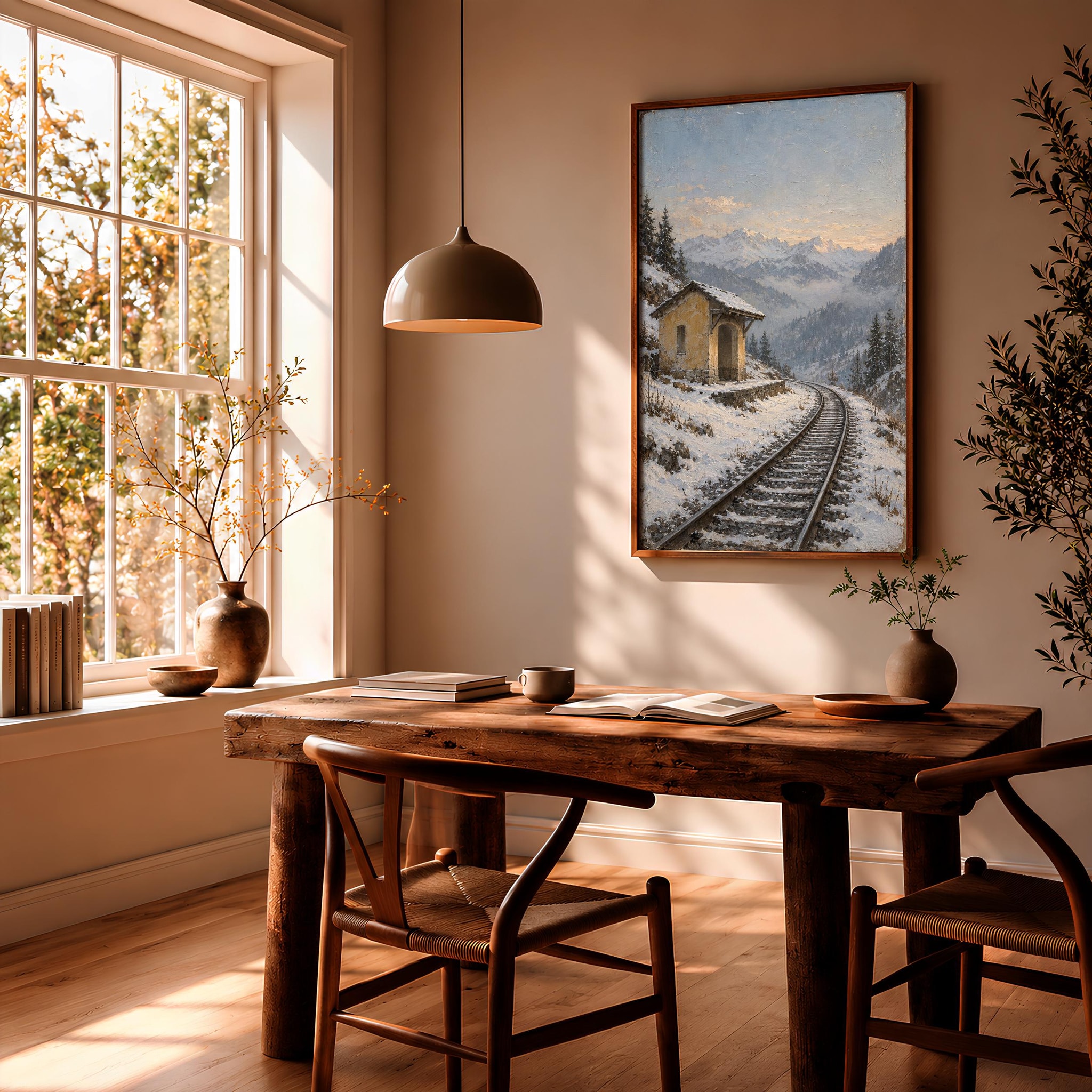 Snowy Alpine Halt Wall Art, Winter Railway Oil Painting, Quiet Mountain Decor – Calm Wall Art by Artsify thumbnail 2