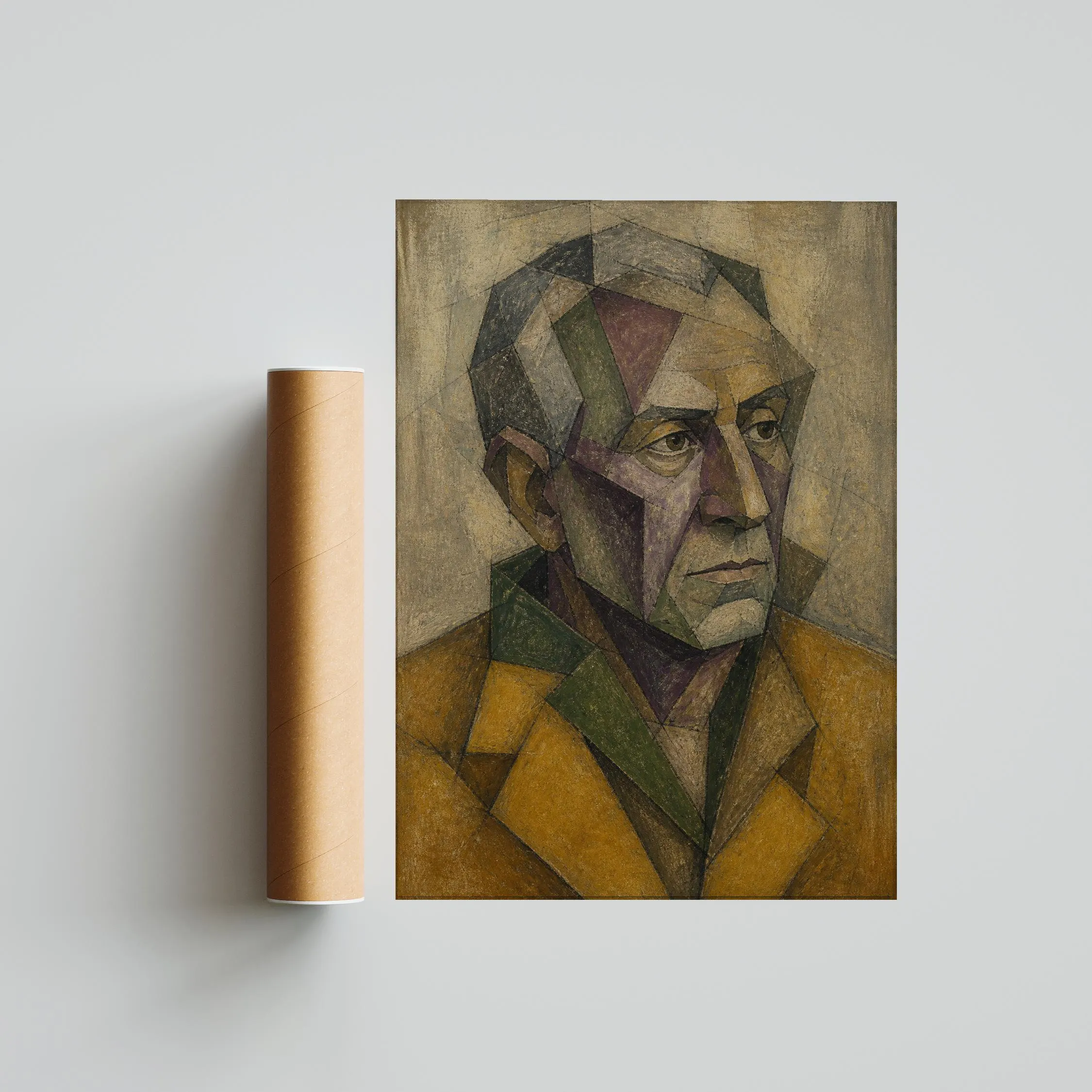 Ochre Cubist Man Portrait Print, Geometric Abstract Face Wall Art, Moody Modern Decor – Calm Wall Art by Artsify thumbnail 5