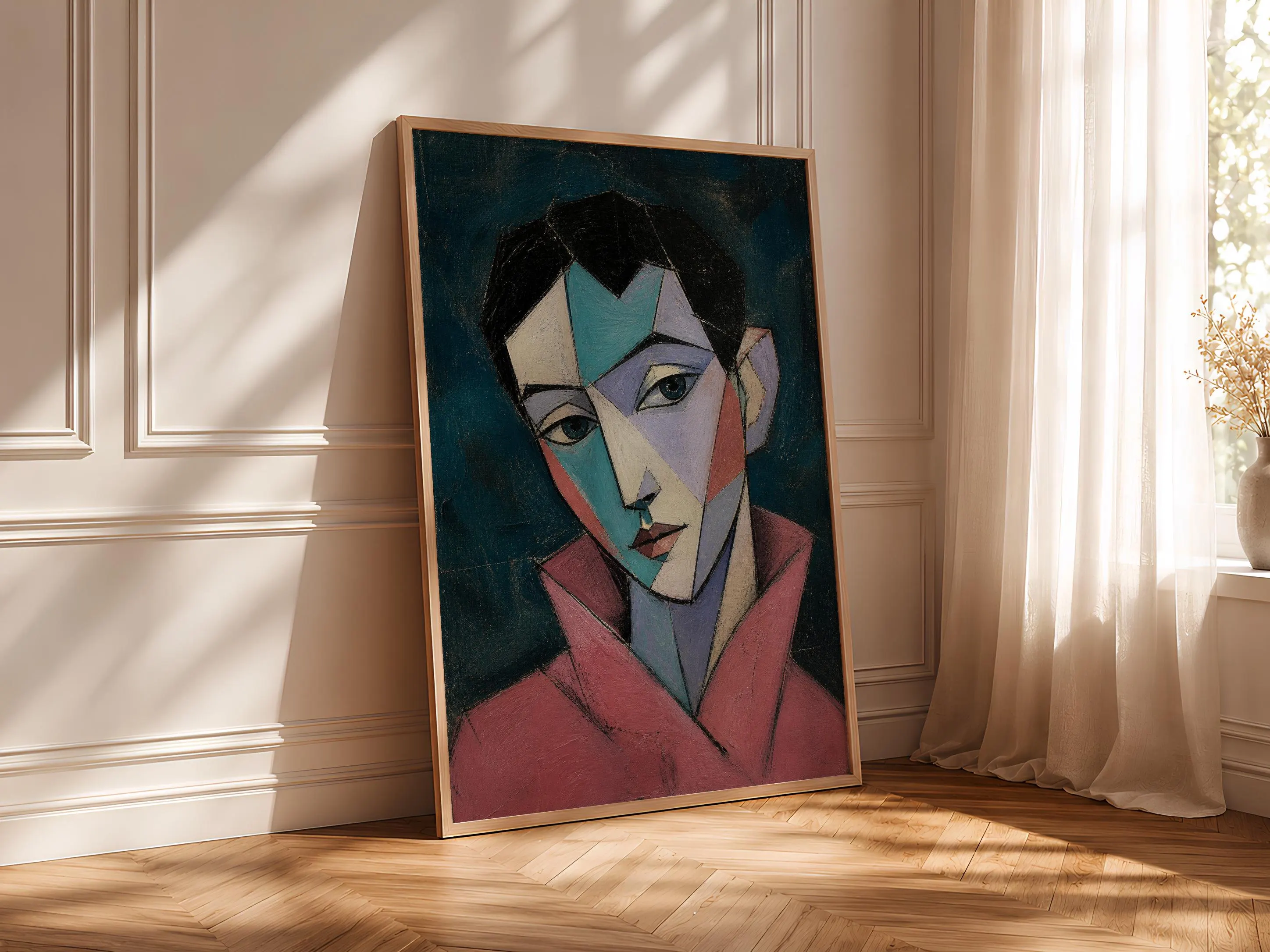 Rose Collar Cubist Portrait Print, Teal Abstract Face Wall Art, Modern Statement Decor – Calm Wall Art by Artsify thumbnail 4