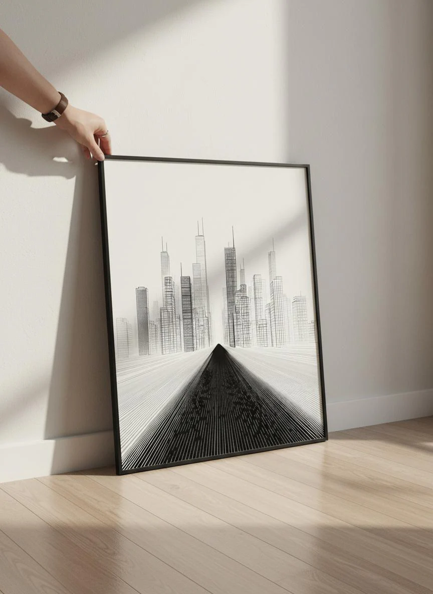 Minimalist Cityscape Line Art Print, Black and White Architecture – Calm Wall Art by Artsify