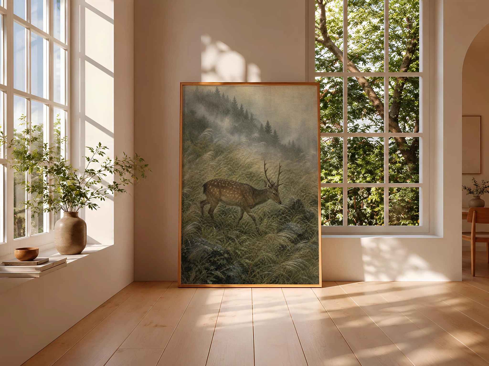 Sika Deer Painting Print, Japanese Wildlife Wall Art, Misty Grass Poster, Woodland Nature Decor, Housewarming Gift – Calm Wall Art by Artsify thumbnail 3