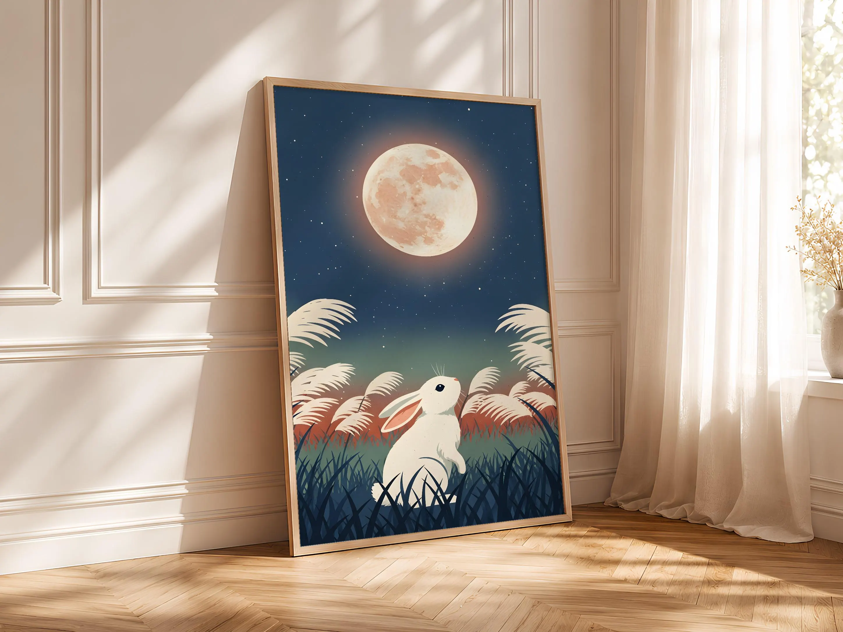 Moon Rabbit Art Print, Japanese Night Sky Poster, Woodblock Style Animal Wall Art, Calm Bedroom Decor, A1/A2/A3/A4, Housewarming Gift – Calm Wall Art by Artsify thumbnail 4