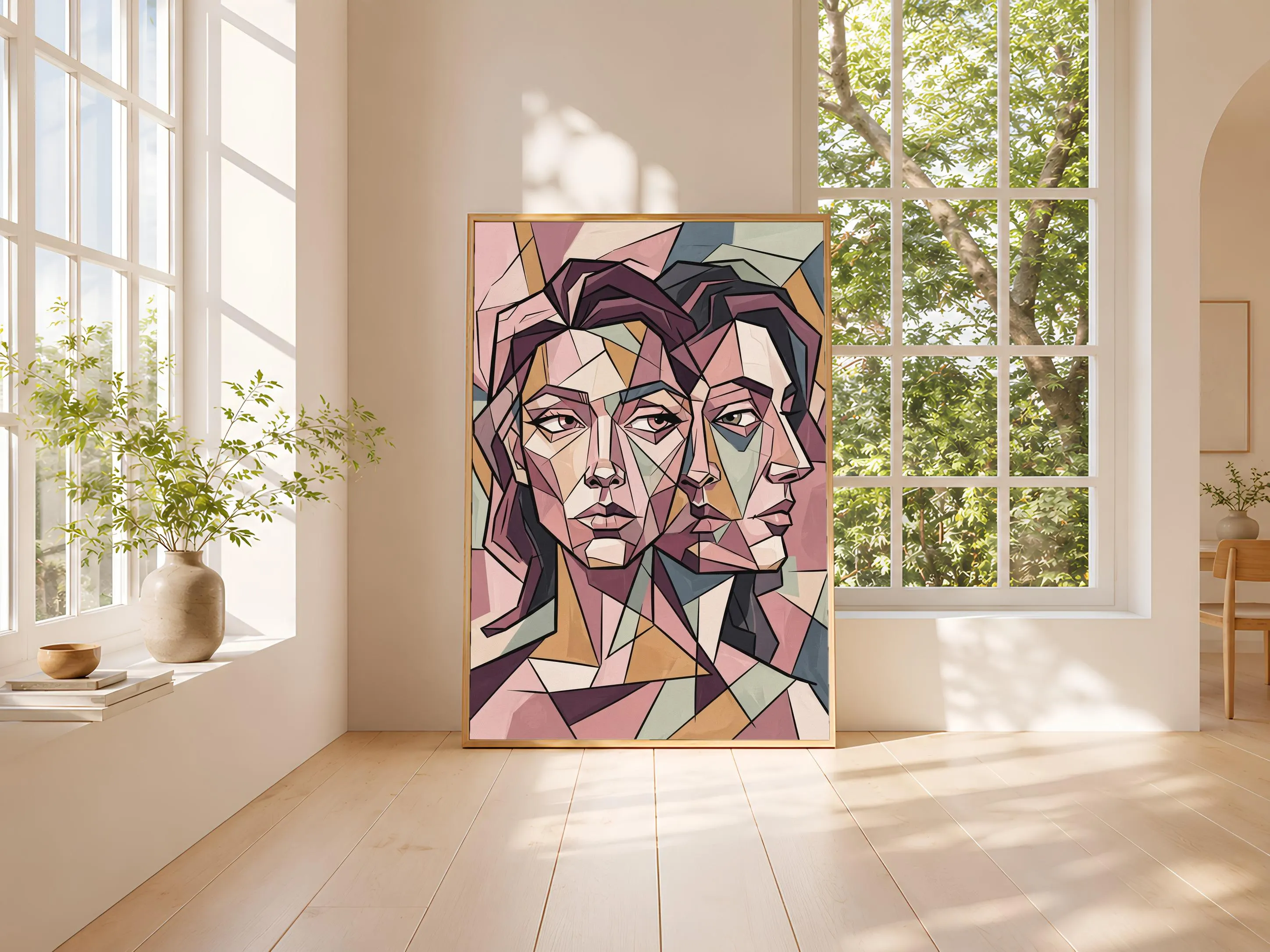 Cubist Duo Portrait Print, Abstract Geometric Faces Poster, Blush Wall Art, Modern Art Gift – Calm Wall Art by Artsify thumbnail 3