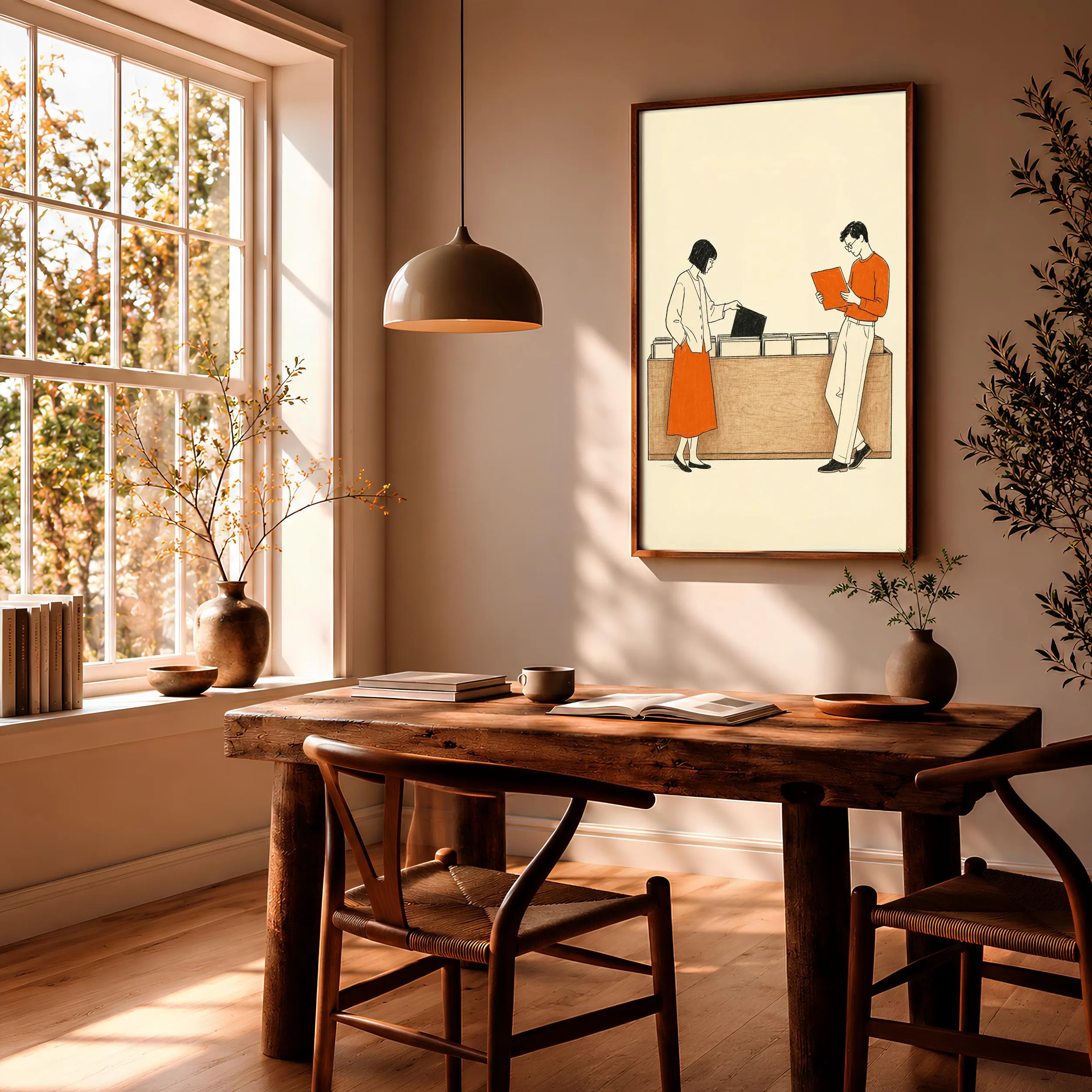 Vintage Record Shop Print, Retro Vinyl Browsing Wall Art, Orange Music Poster, Minimalist Line Art Decor, Housewarming Gift – Calm Wall Art by Artsify thumbnail 2