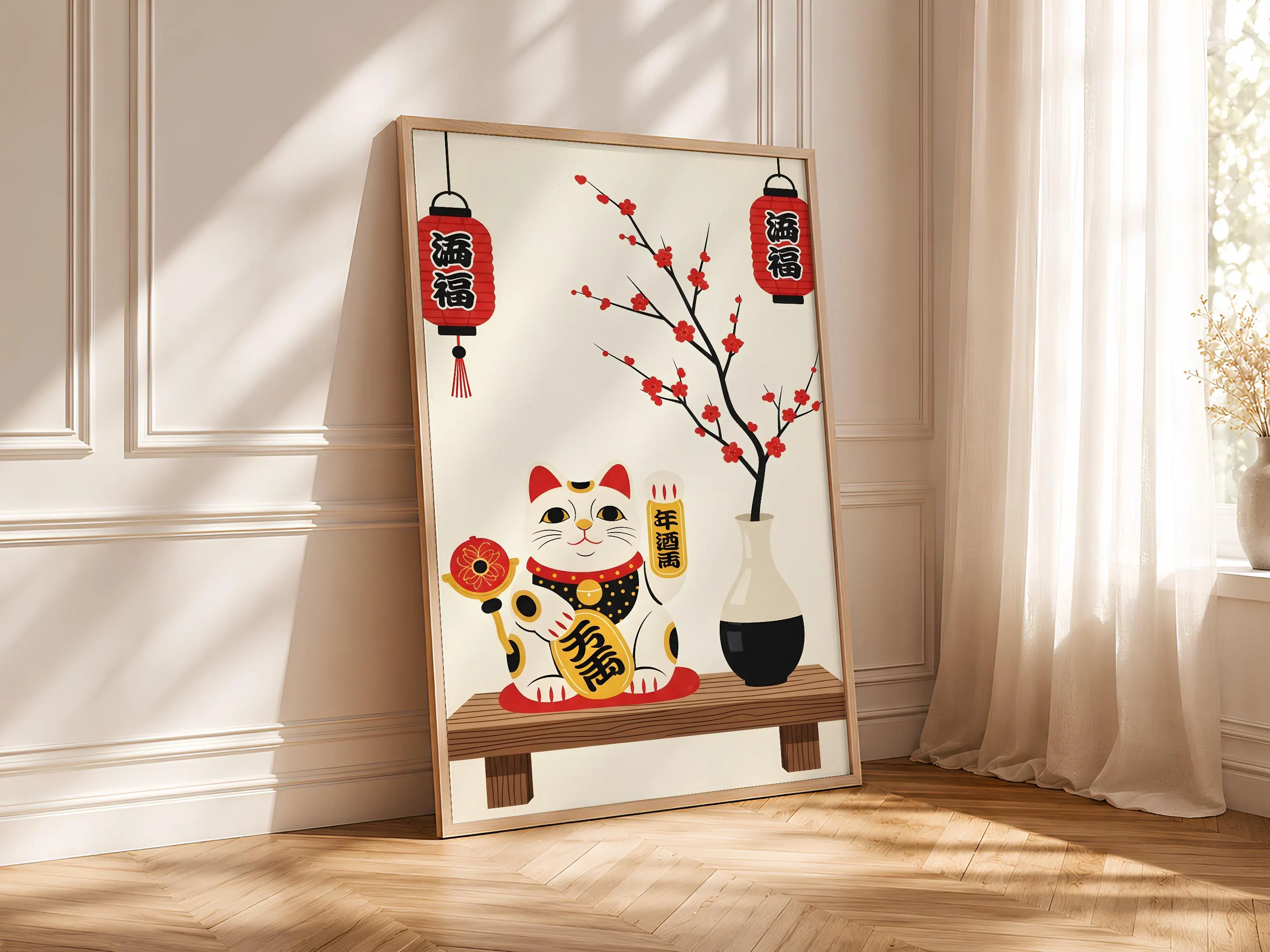 Lucky Cat Print, Japanese Maneki Neko Poster, Woodblock Style Wall Art, Entryway Good Luck Decor, Housewarming Gift – Calm Wall Art by Artsify thumbnail 4