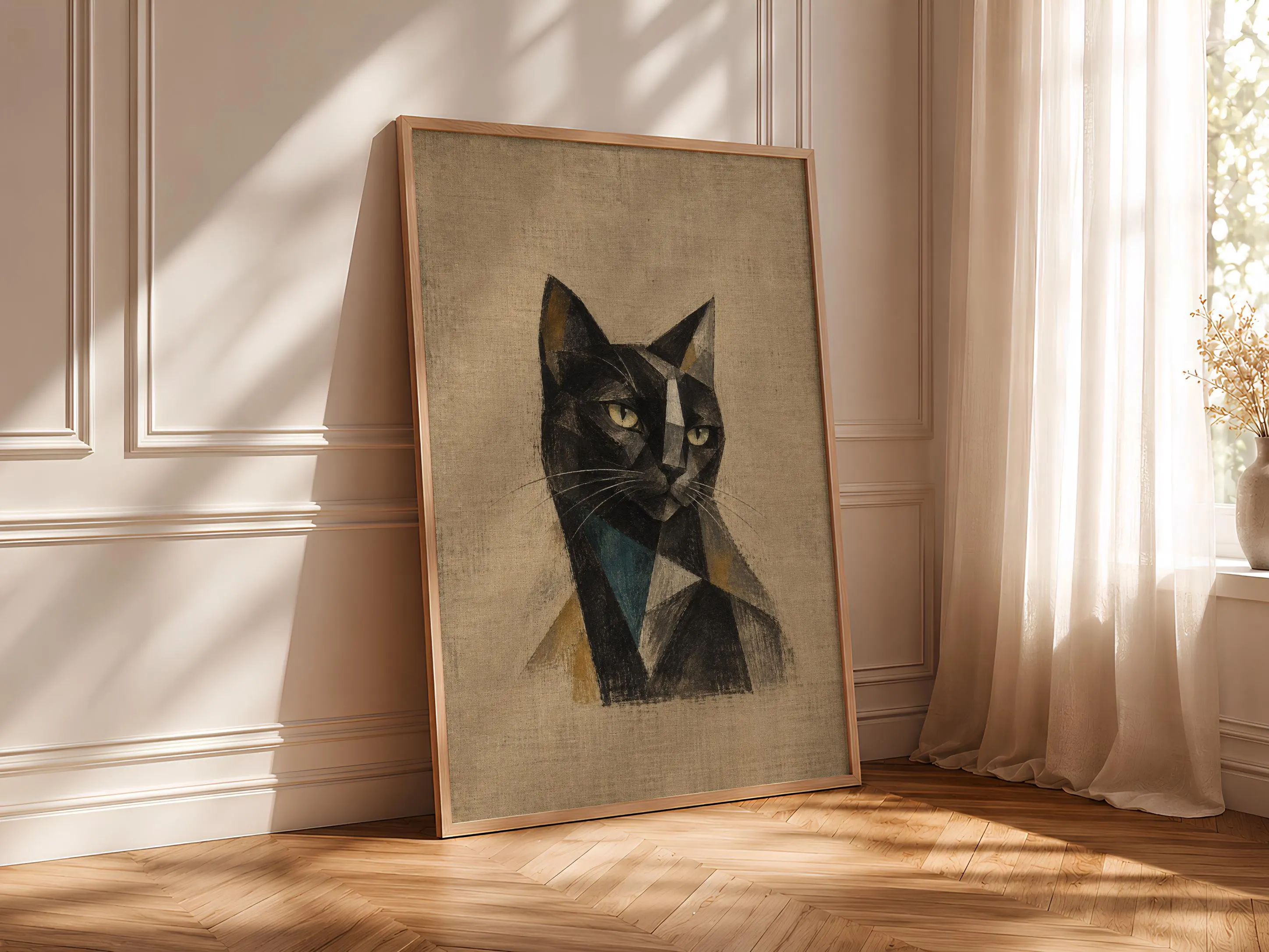 Cubist Black Cat Wall Art, Abstract Geometric Feline Portrait, Eclectic Decor – Calm Wall Art by Artsify thumbnail 4