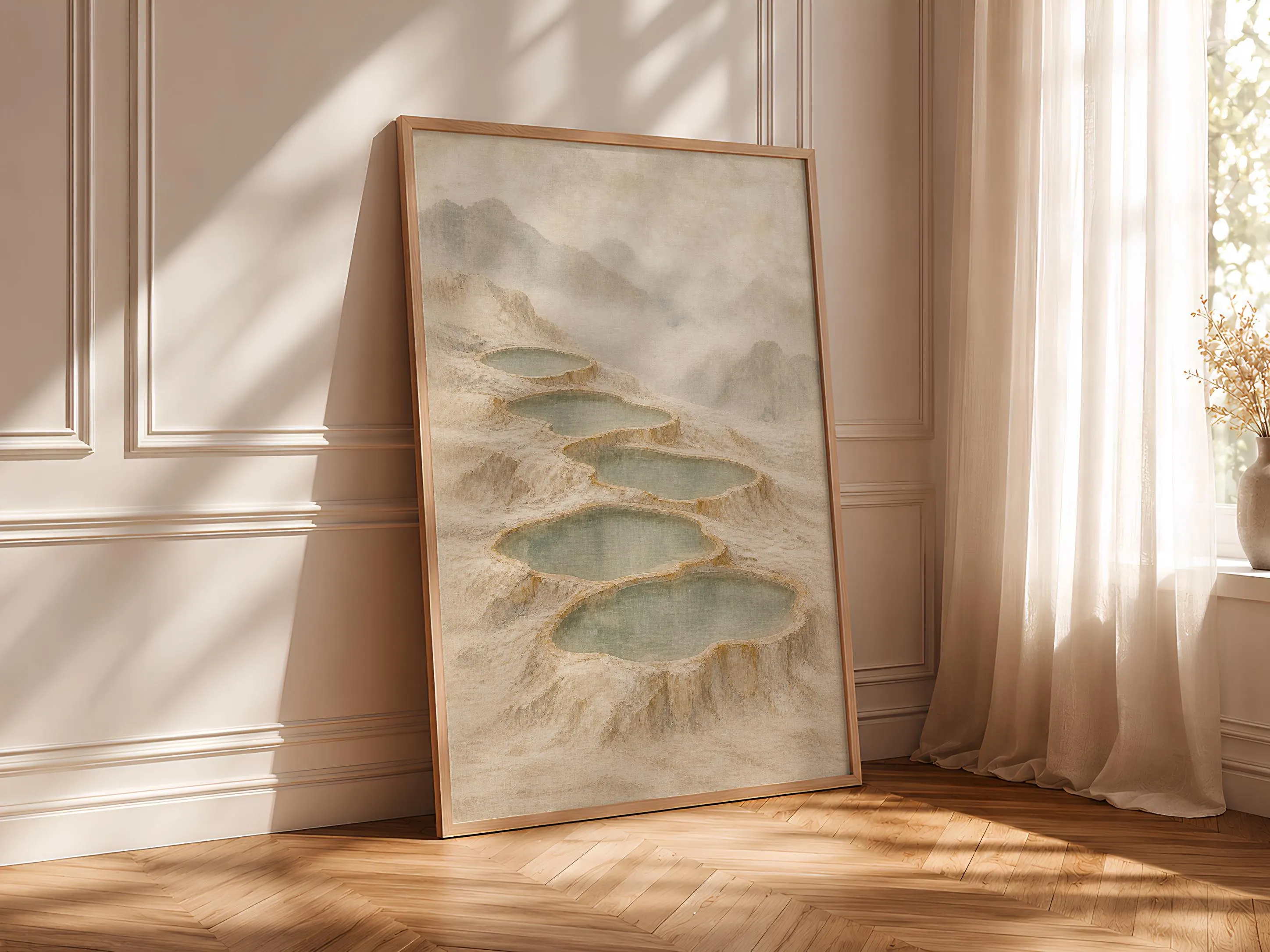 Misty Mineral Terraces Wall Art, Neutral Japandi Landscape Painting – Calm Wall Art by Artsify thumbnail 4
