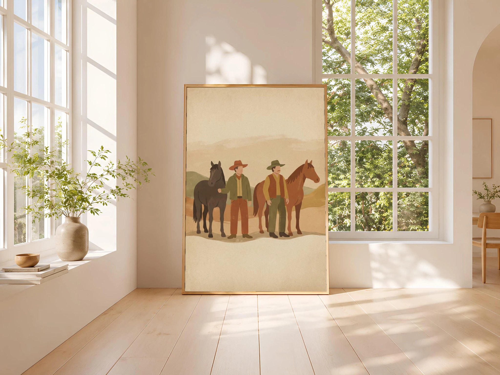 Ranchers and Horses Print, Western Folk Art Poster, Olive Wall Art, Ranch Housewarming Gift – Calm Wall Art by Artsify thumbnail 3