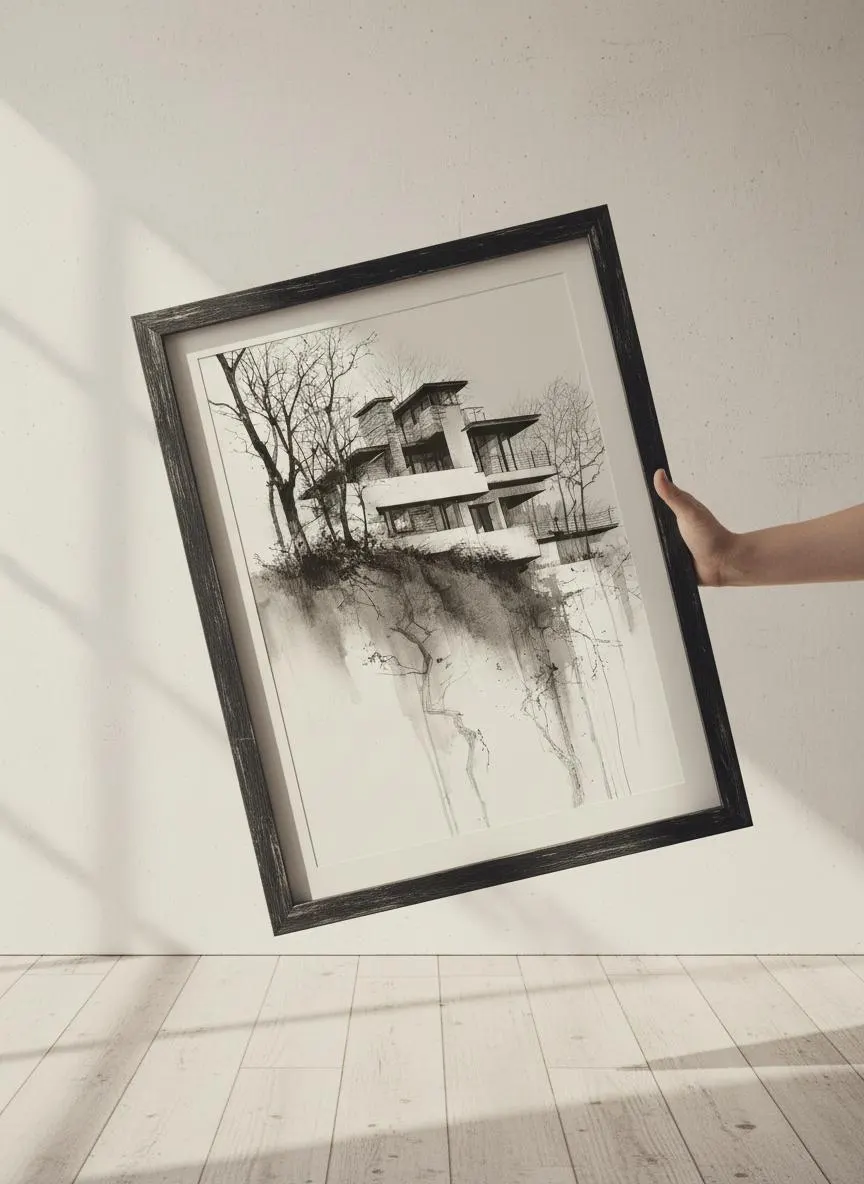 Modern Cliff House Art Print, Black and White Ink Drawing – Calm Wall Art by Artsify thumbnail 5