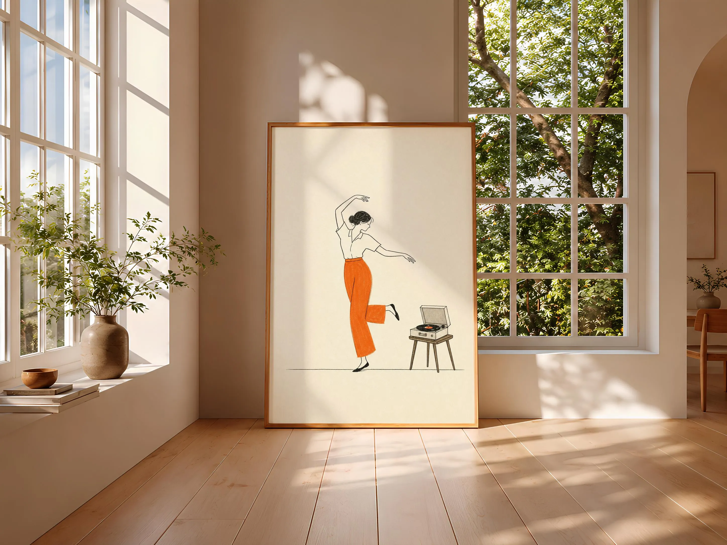 Retro Dancing Woman Print, Mid Century Record Player Wall Art, Orange Music Poster, Minimalist Line Art Decor, Housewarming Gift – Calm Wall Art by Artsify thumbnail 3