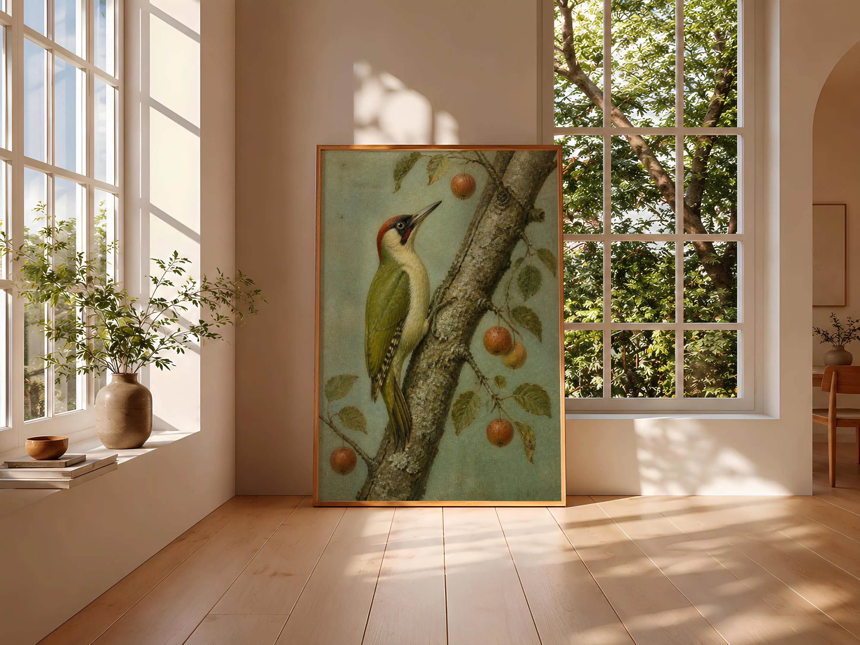 Green Woodpecker Wall Art, Arts and Crafts Bird Oil Painting, Crabapple Botanical Decor – Calm Wall Art by Artsify thumbnail 3