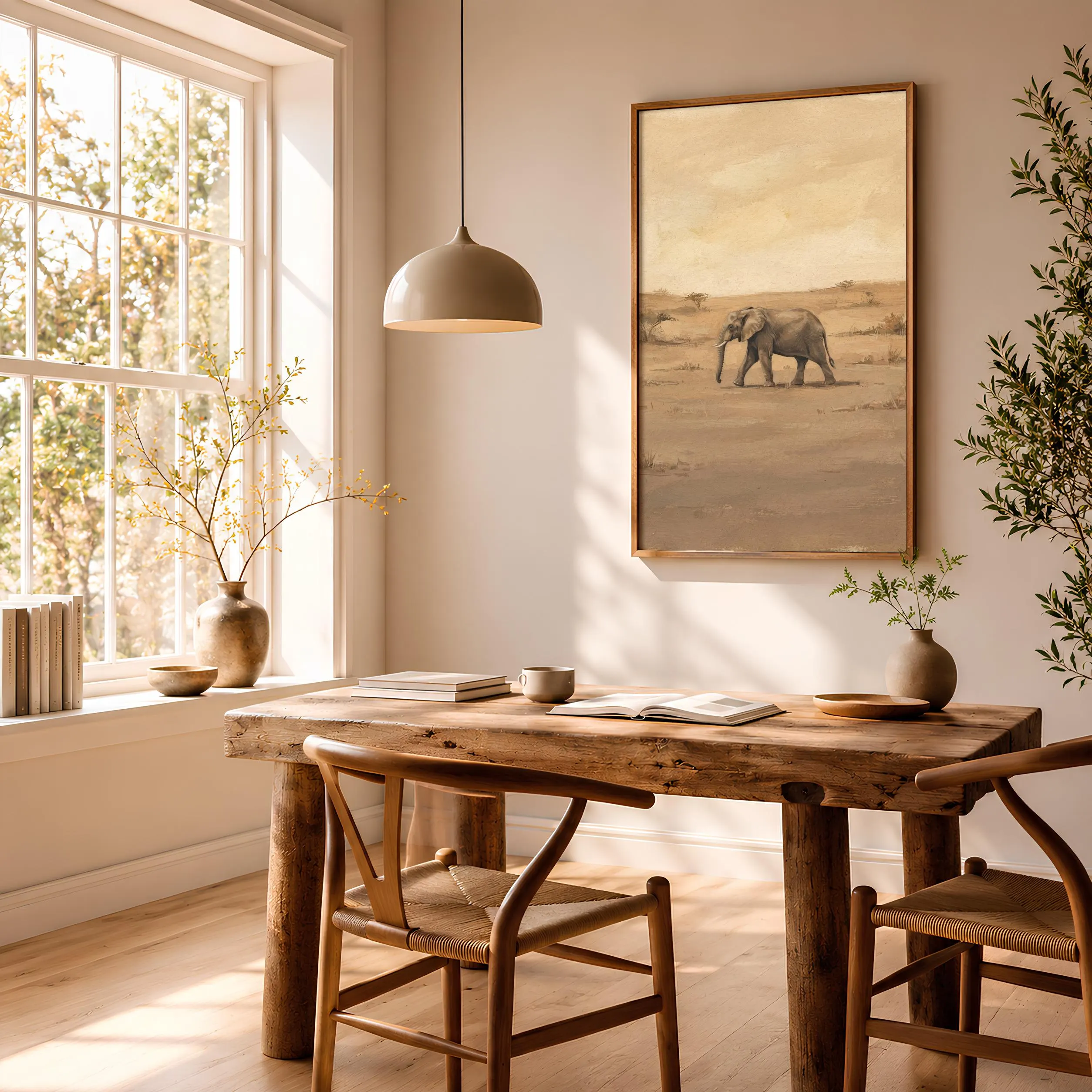 Elephant Wall Art, Taupe Minimalist Wildlife Painting, Vintage Safari Print, Housewarming Gift – Calm Wall Art by Artsify thumbnail 2