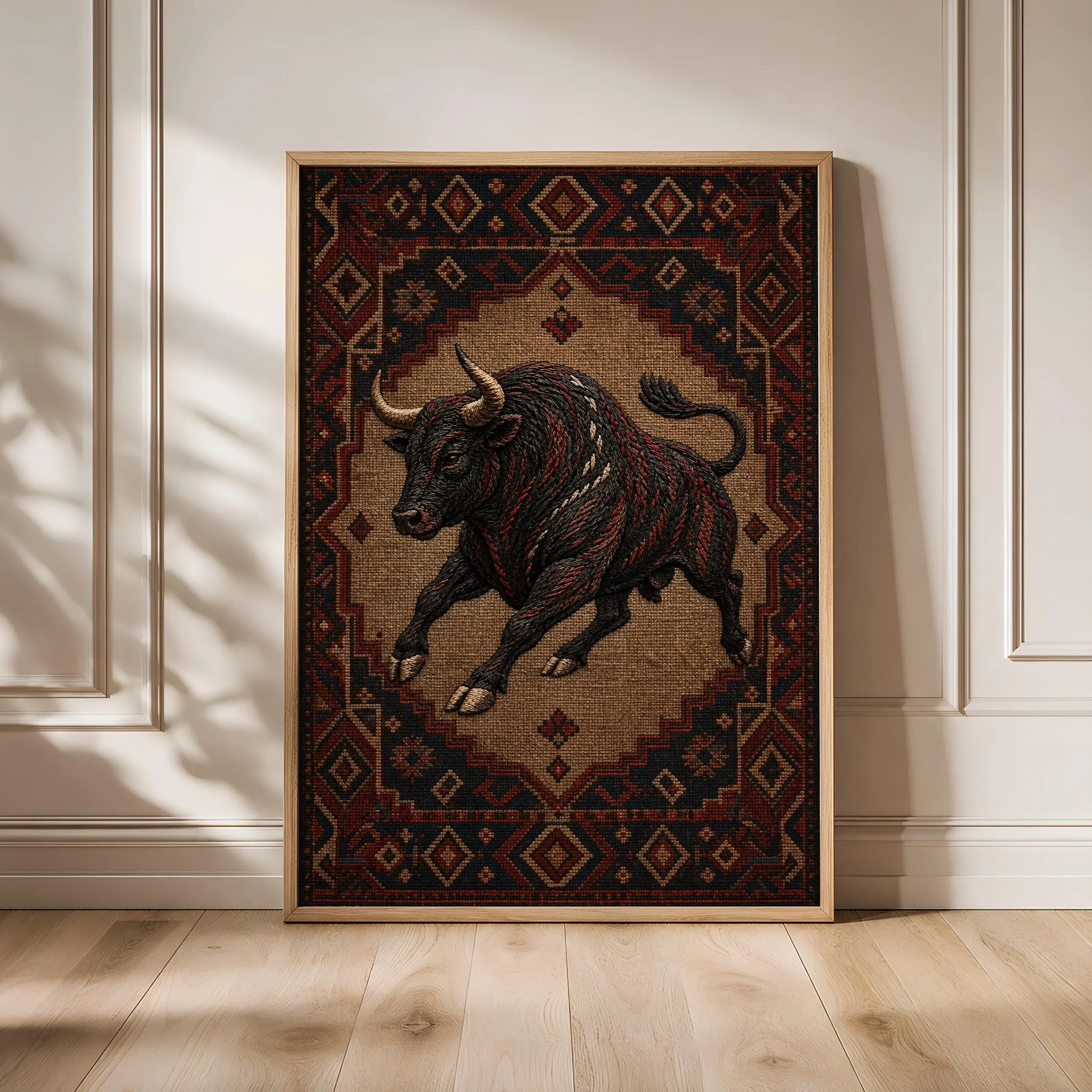 Embroidered Bull Print, Anatolian Kilim Wall Art, Rustic Textile Poster, Boho Animal Decor – Calm Wall Art by Artsify