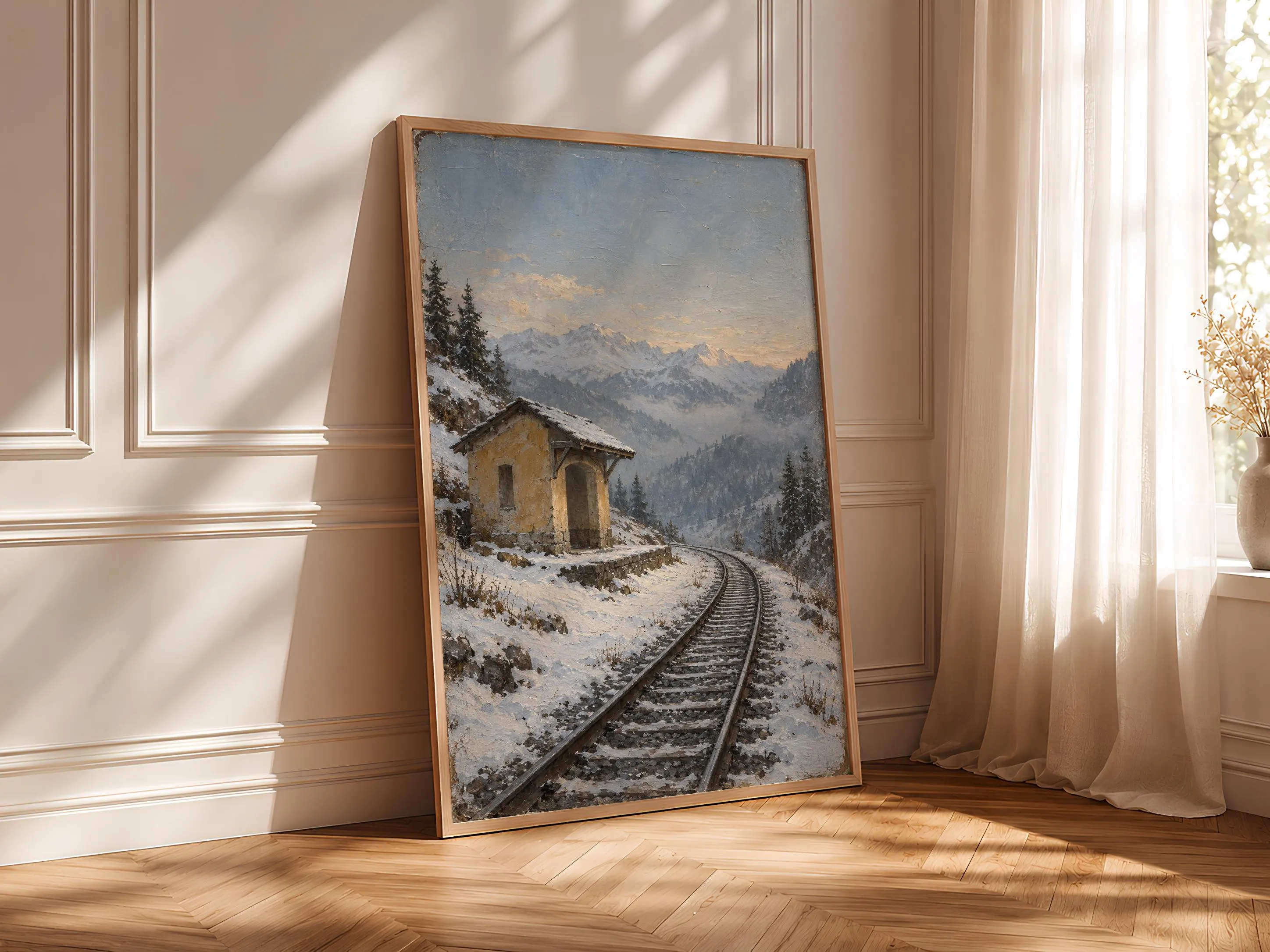 Snowy Alpine Halt Wall Art, Winter Railway Oil Painting, Quiet Mountain Decor – Calm Wall Art by Artsify thumbnail 4