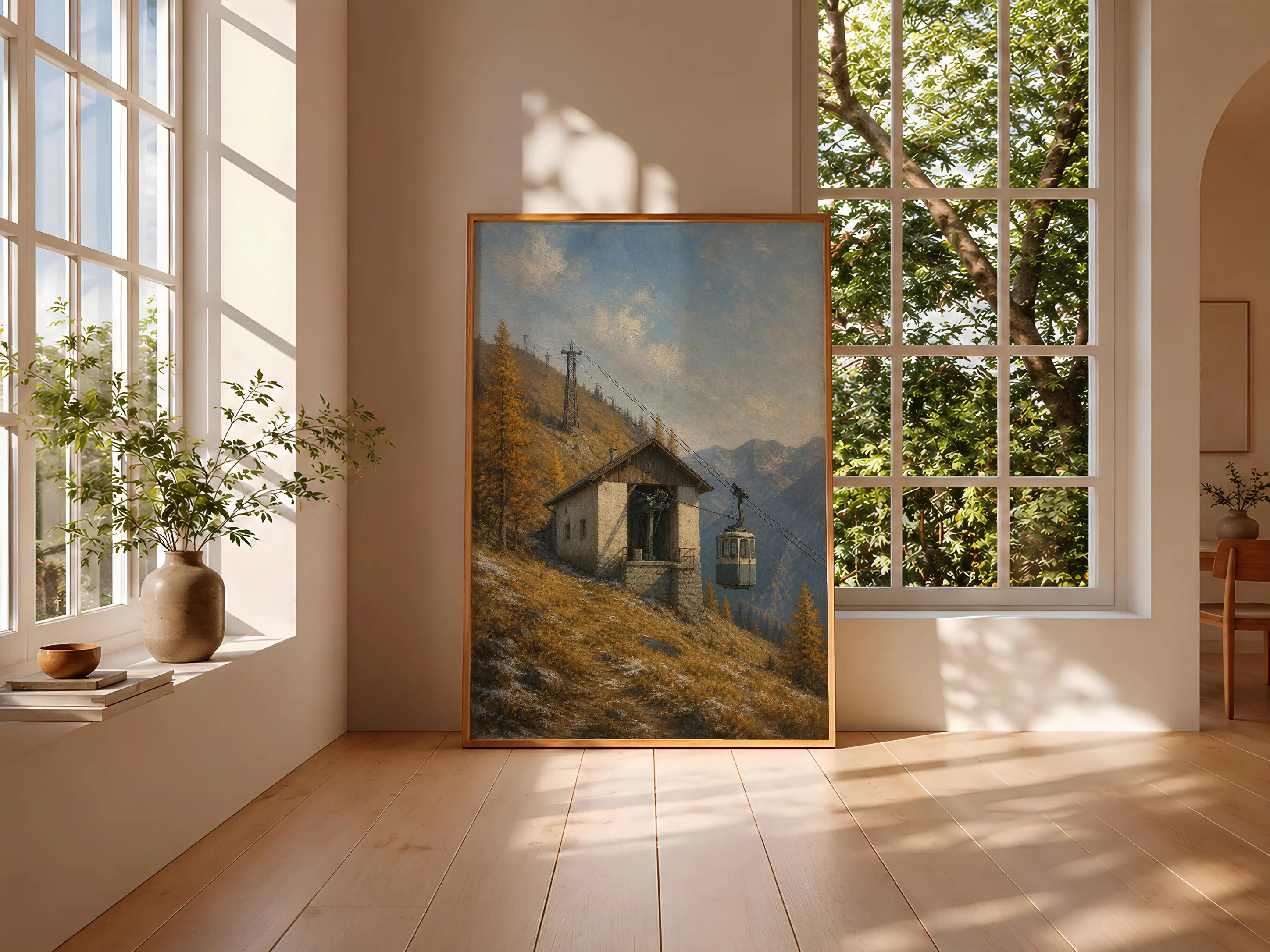 Alpine Cable Car Wall Art, Realist Oil Painting Autumn Mountain, Golden Amber Decor Print – Calm Wall Art by Artsify thumbnail 3