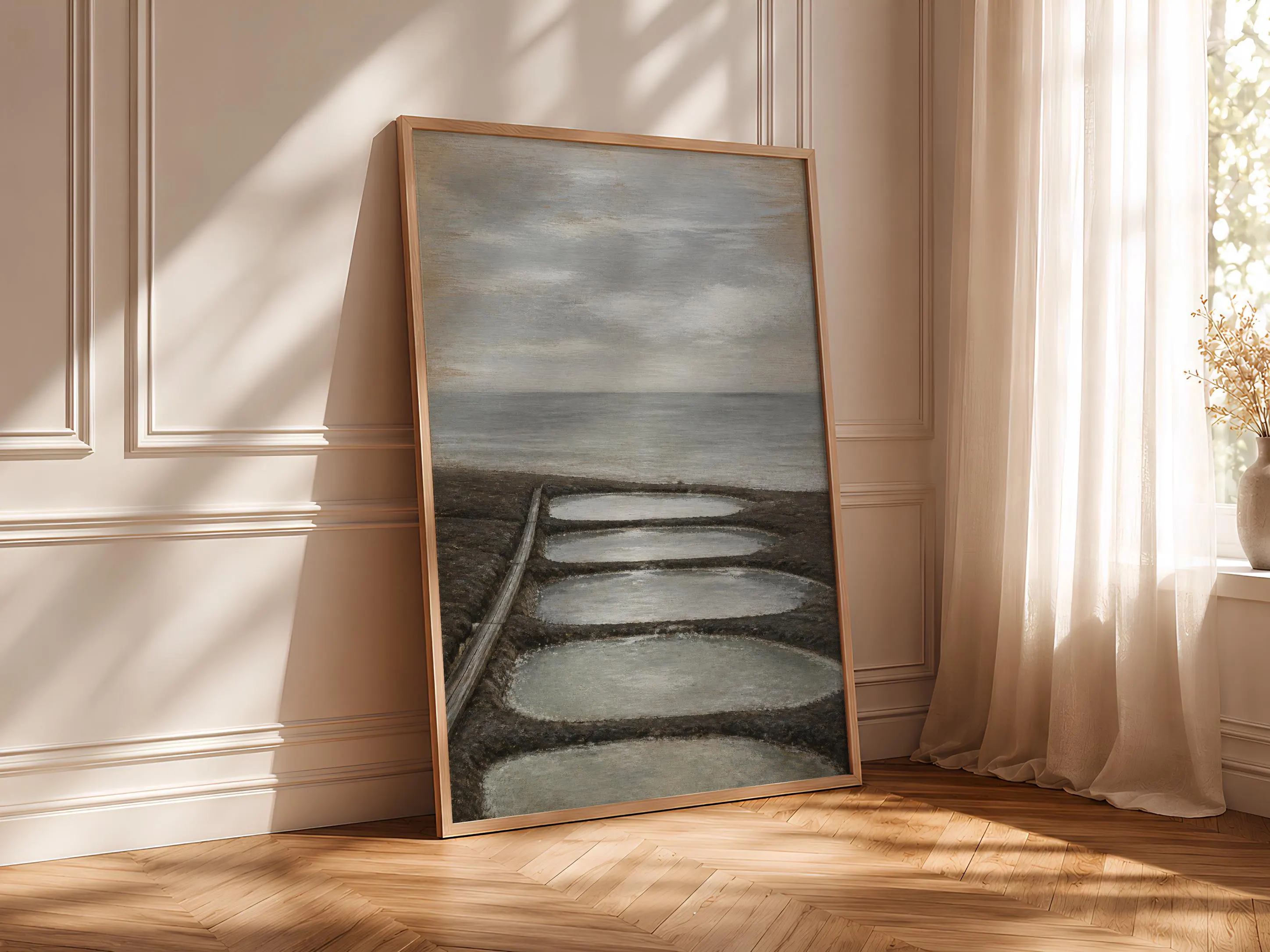 Salt Farm Wall Art, Coastal Evaporation Ponds Landscape, Muted Grey Beach Print – Calm Wall Art by Artsify thumbnail 4