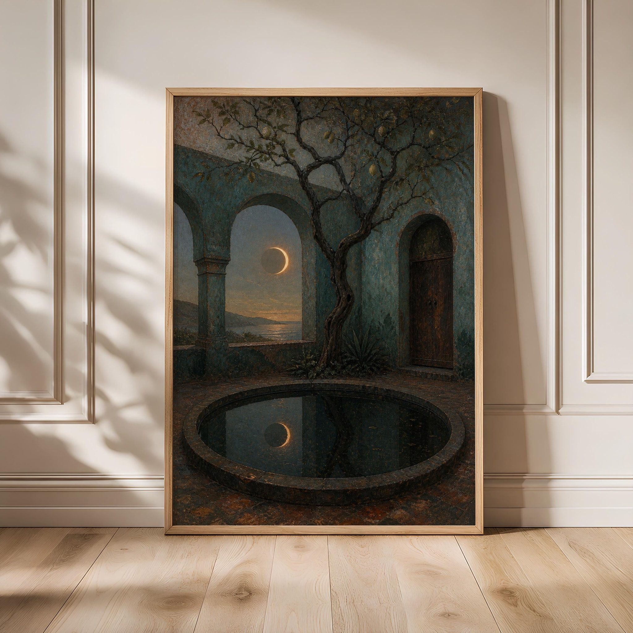 Eclipse Courtyard Wall Art, Vintage Celestial Painting, Teal Mediterranean Print, Housewarming Gift – Calm Wall Art by Artsify