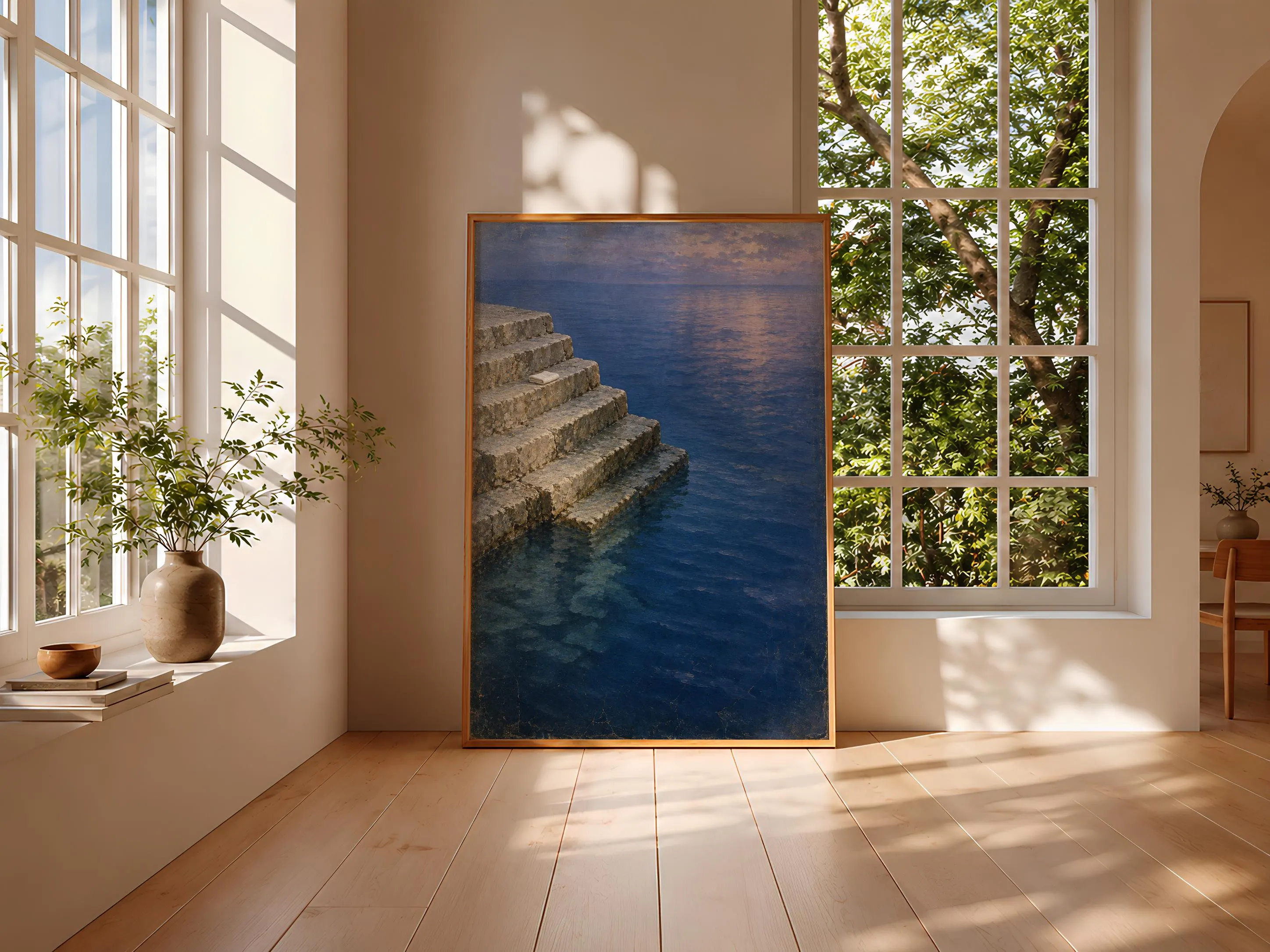 Cobalt Sea Steps Print, Blue Hour Mediterranean Swim Painting – Calm Wall Art by Artsify thumbnail 3