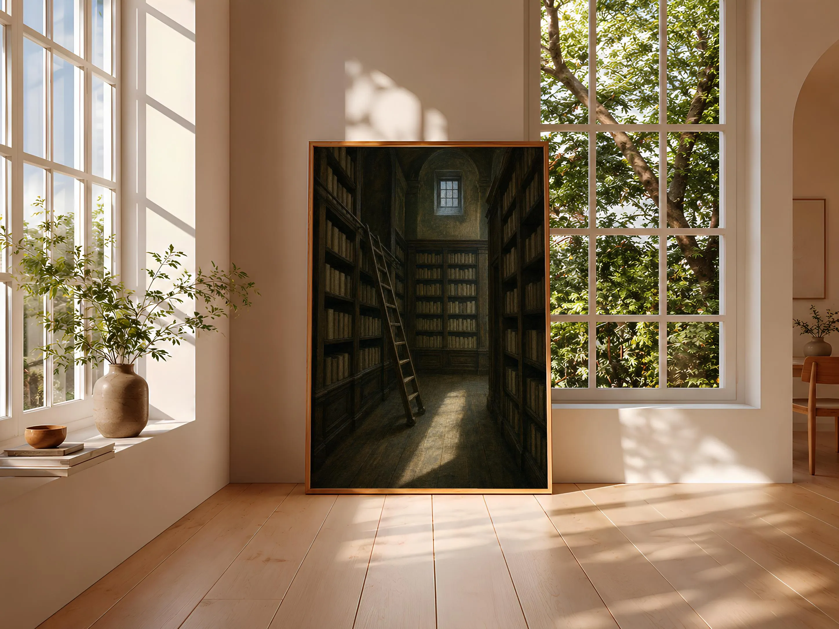 Library Ladder Print, Moss Green Architectural Wall Art, Moody Reading Room Poster, Housewarming Gift – Calm Wall Art by Artsify thumbnail 3