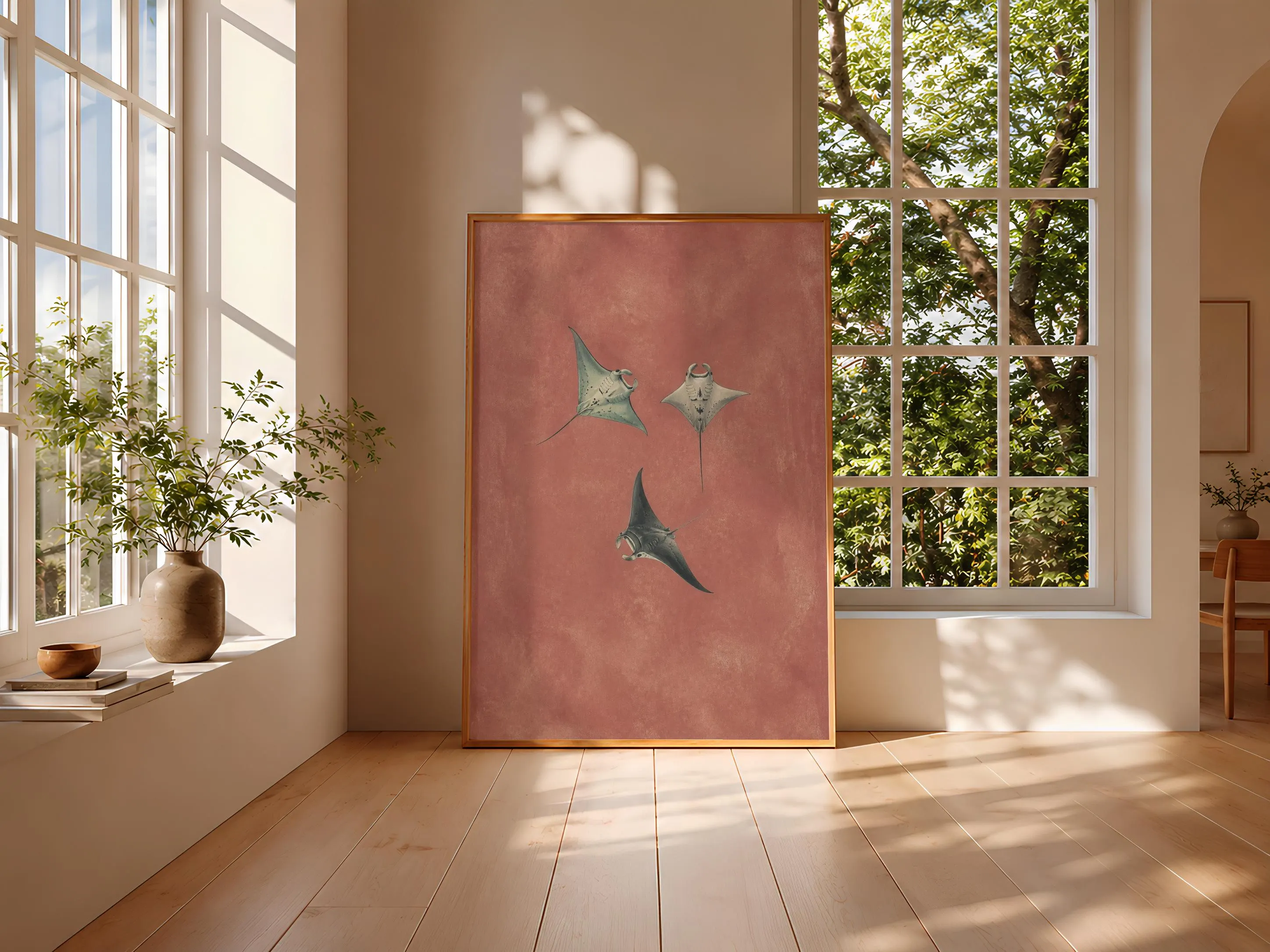 Manta Ray Wall Art, Dusty Rose Minimalist Ocean Painting, Vintage Coastal Print, Housewarming Gift – Calm Wall Art by Artsify thumbnail 3