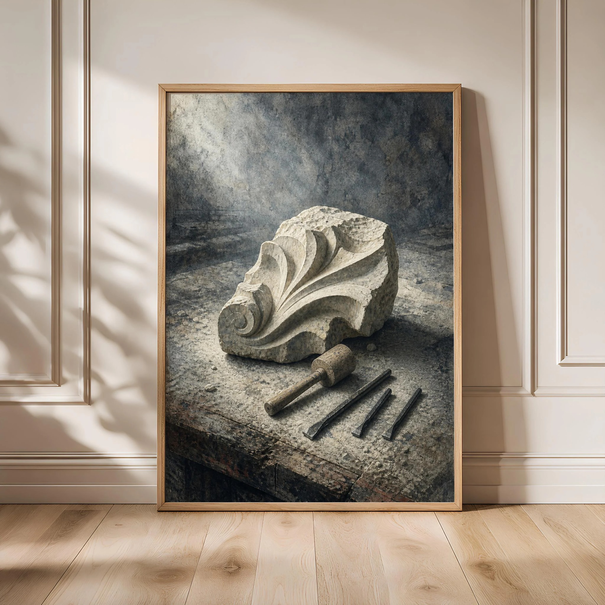 Stone Carver Wall Art, Rustic Sculptor Still Life Painting, Misty Workshop Print – Calm Wall Art by Artsify