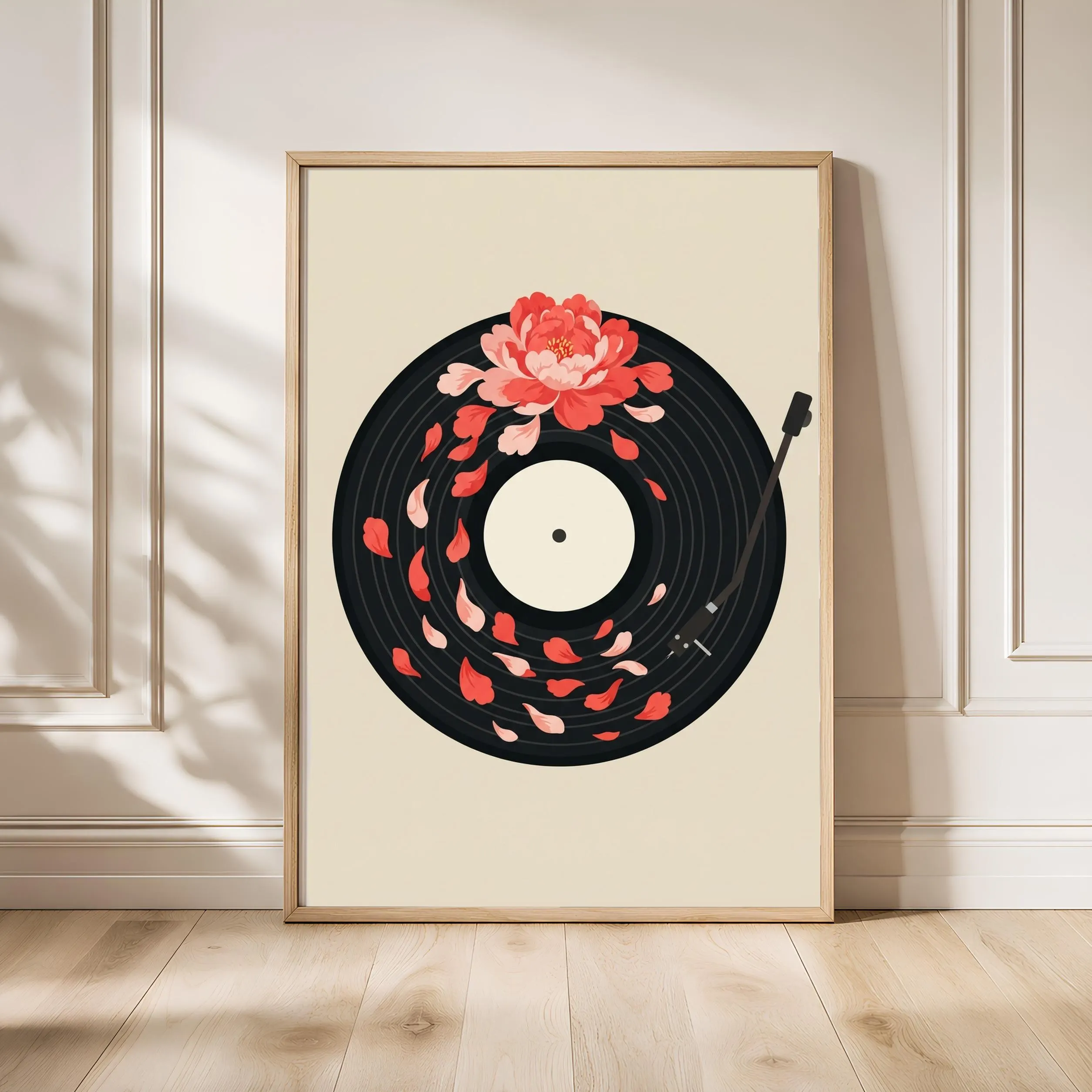 Peony Vinyl Record Print, Japanese Floral Music Poster, Coral Wall Art, Housewarming Gift – Calm Wall Art by Artsify