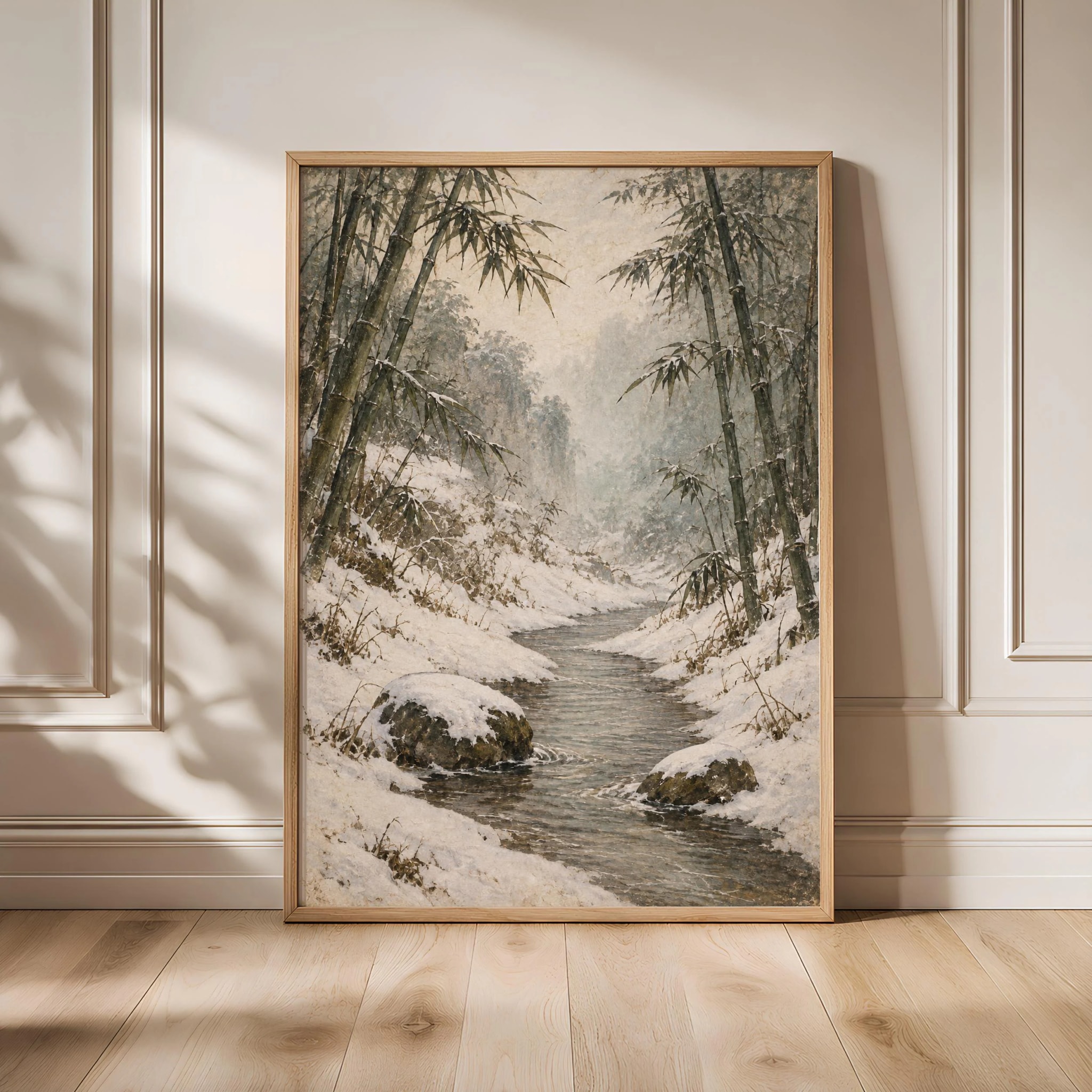 Snowy Bamboo Ravine Wall Art, Japanese Winter Landscape Painting, Japandi Bedroom Decor – Calm Wall Art by Artsify