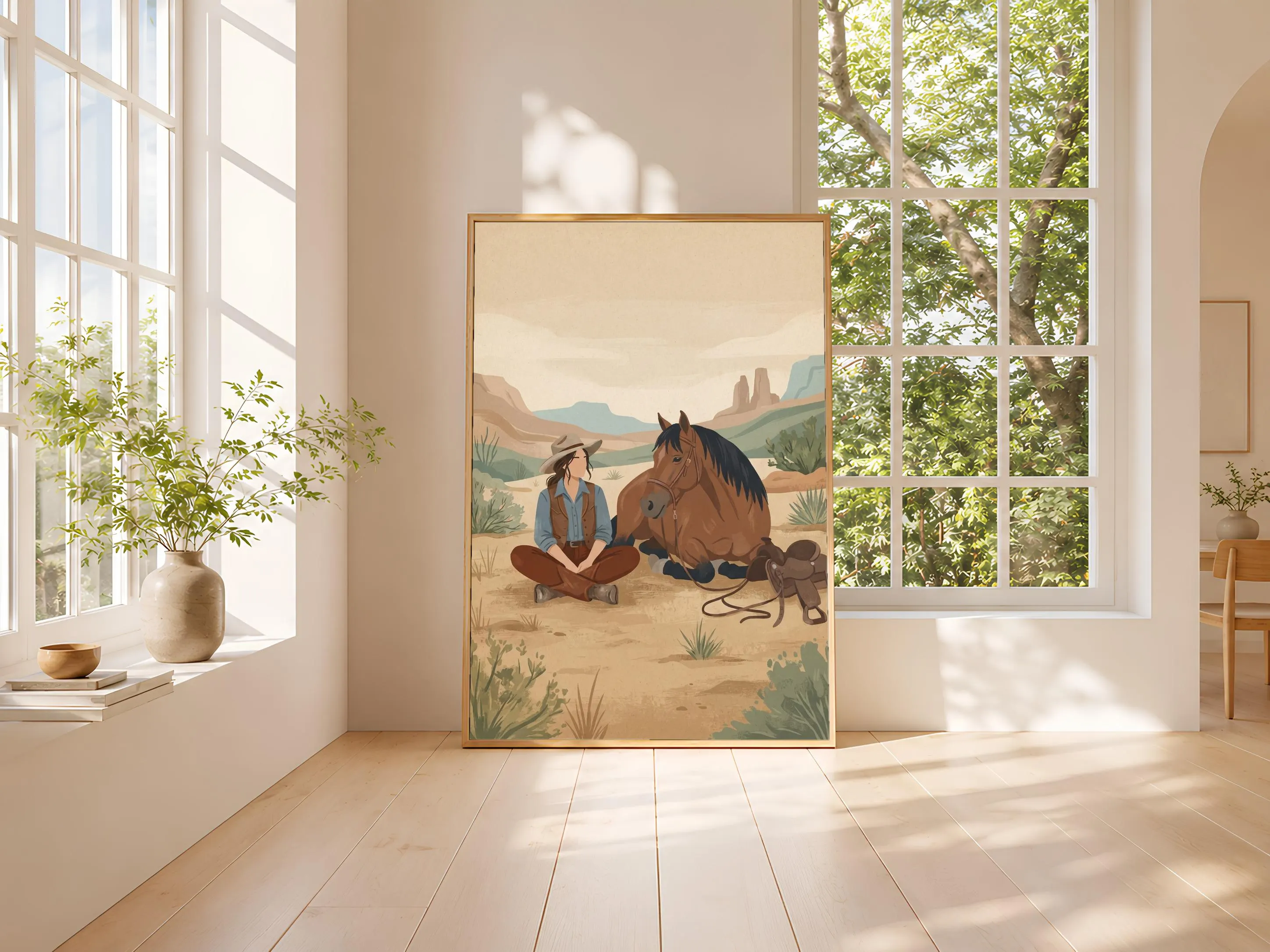 Cowgirl Resting Horse Print, Western Folk Art Poster, Sand Wall Art, Ranch Housewarming Gift – Calm Wall Art by Artsify thumbnail 3