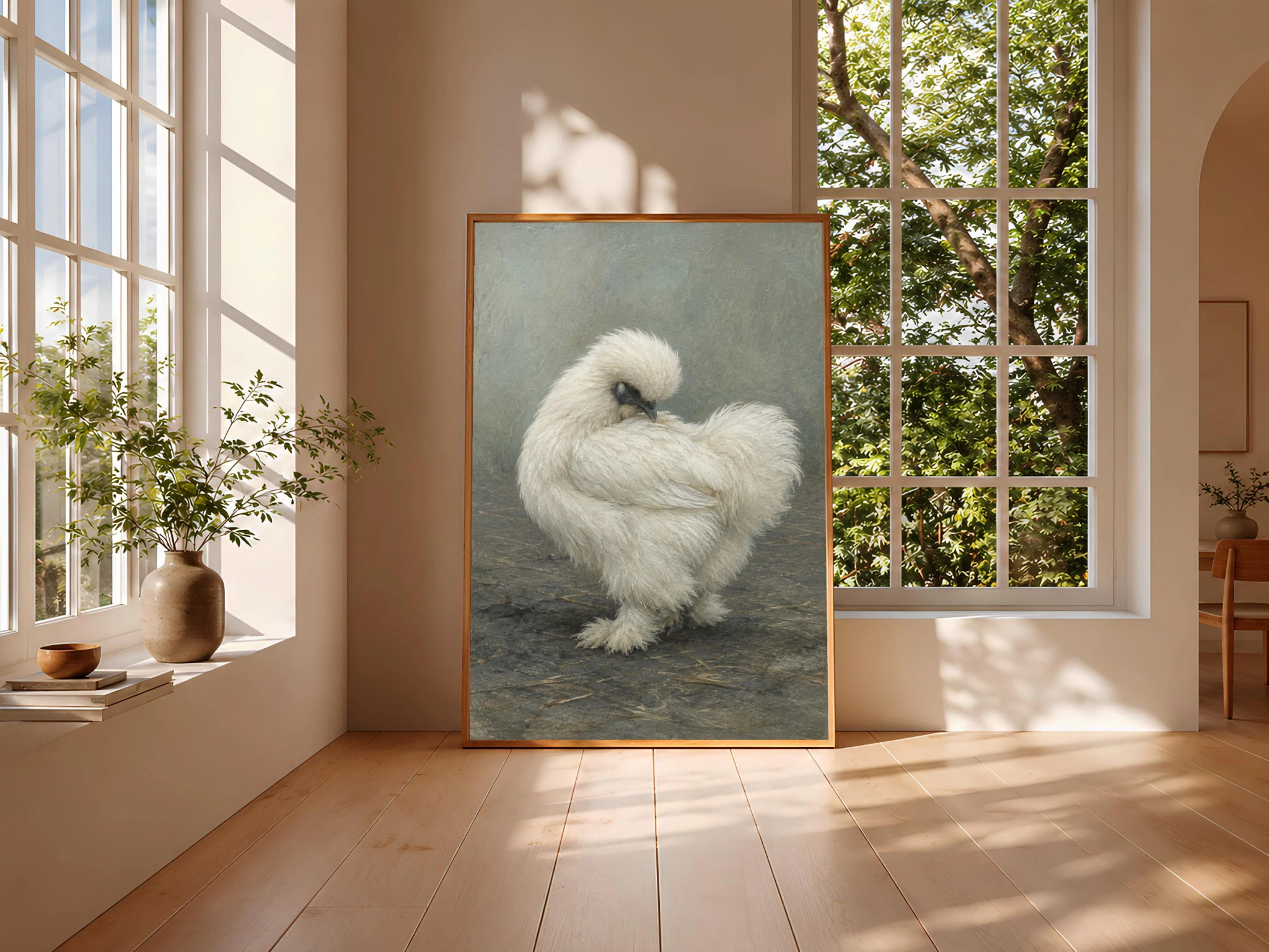 White Silkie Chicken Wall Art, Natural Preening Hen Tempera Print – Calm Wall Art by Artsify thumbnail 3