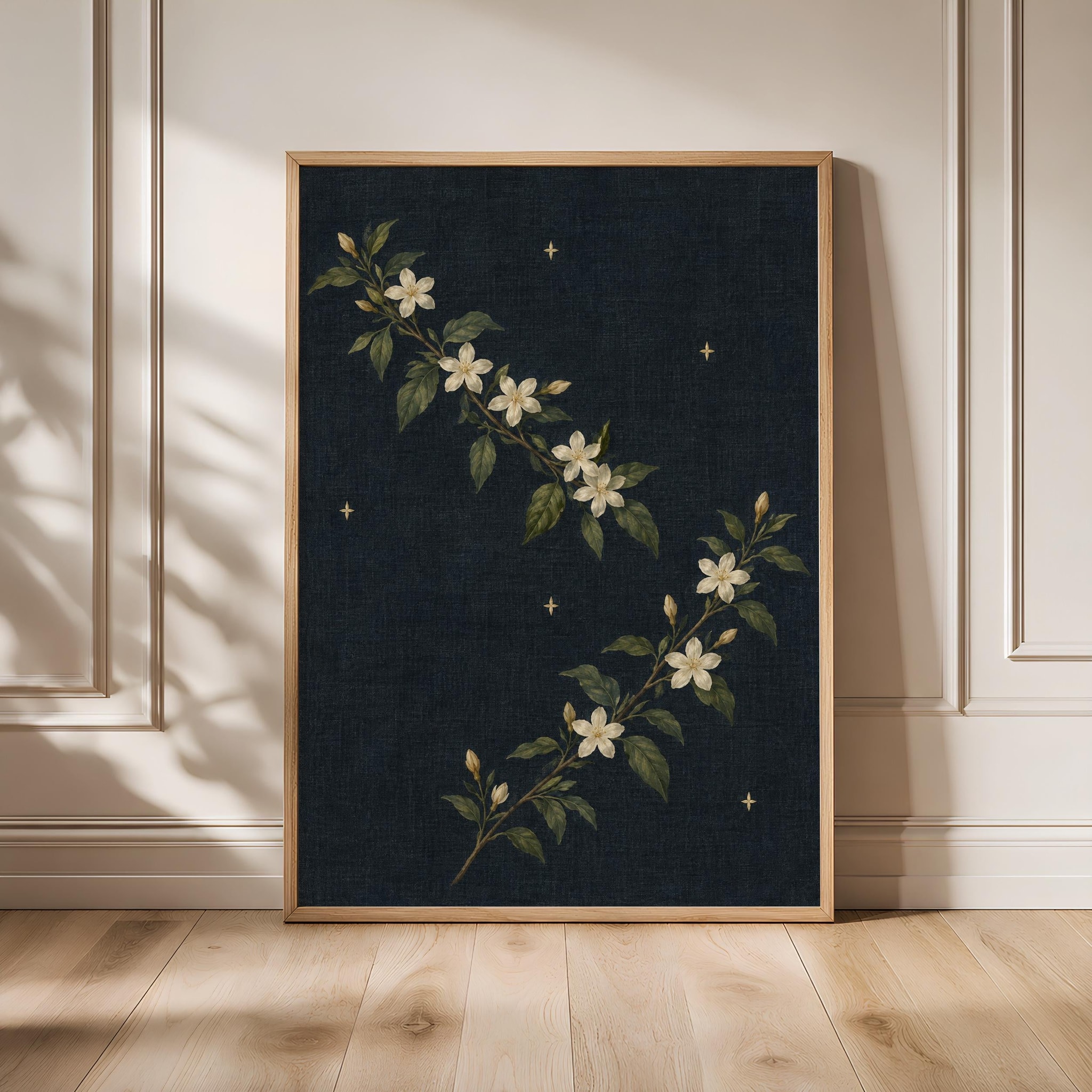 Night Jasmine Wall Art, Dark Blue Arts and Crafts Floral Painting – Calm Wall Art by Artsify