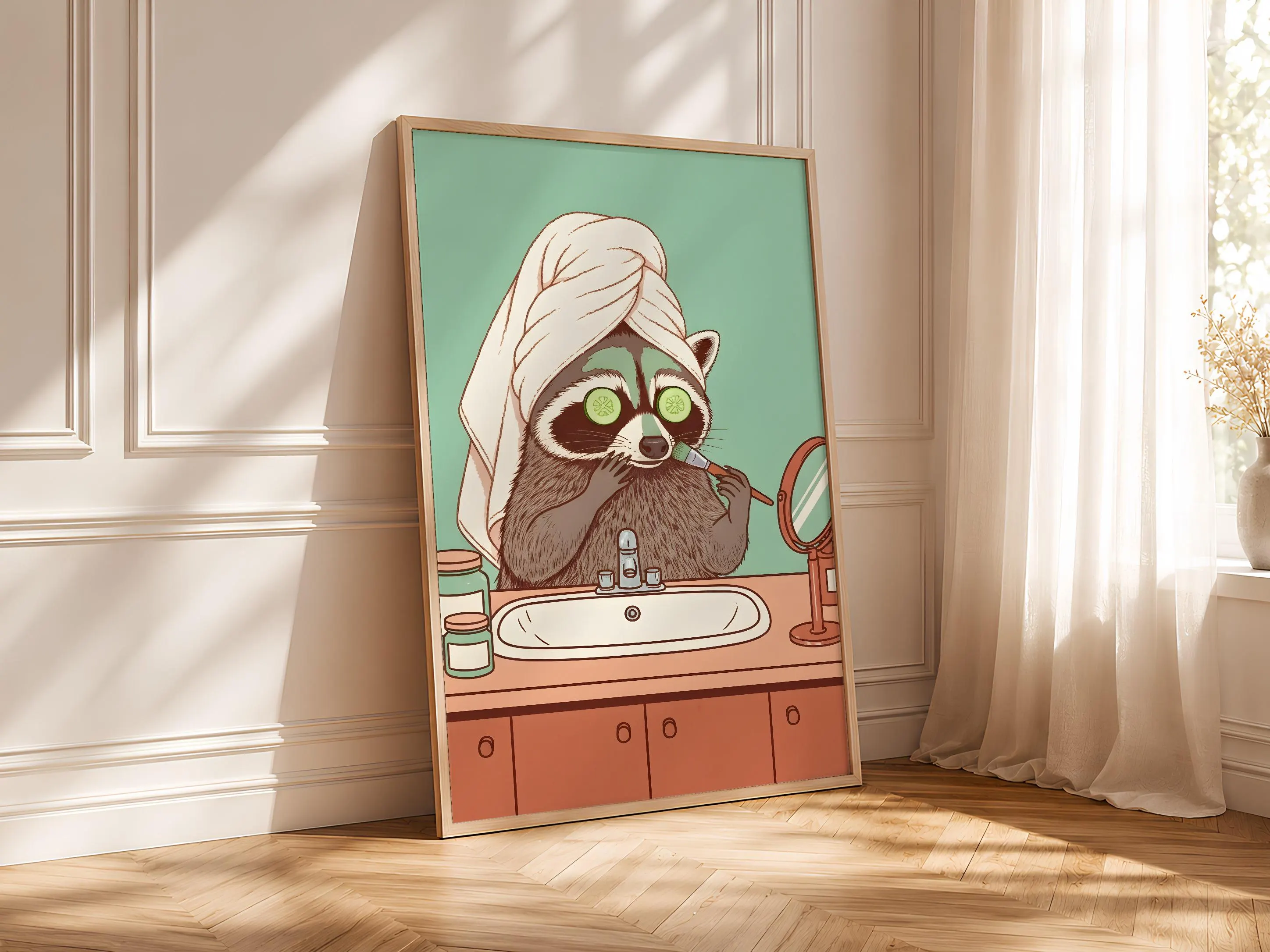 Raccoon Skincare Art Print, Funny Animal Poster, Retro Bathroom Wall Art, Quirky Spa Decor, Self Care Gift, Housewarming Gift – Calm Wall Art by Artsify thumbnail 4