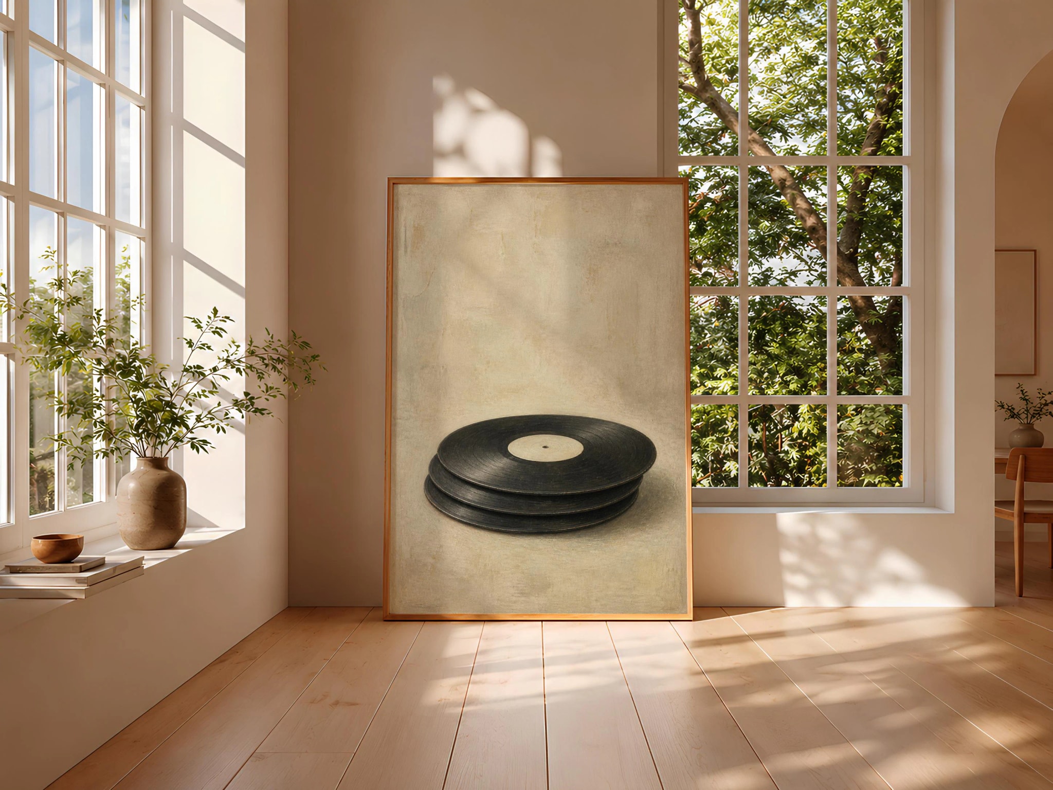Stacked Vinyl Records Print, Limestone Minimalist Music Art, Retro Album Poster, Housewarming Gift – Calm Wall Art by Artsify thumbnail 3