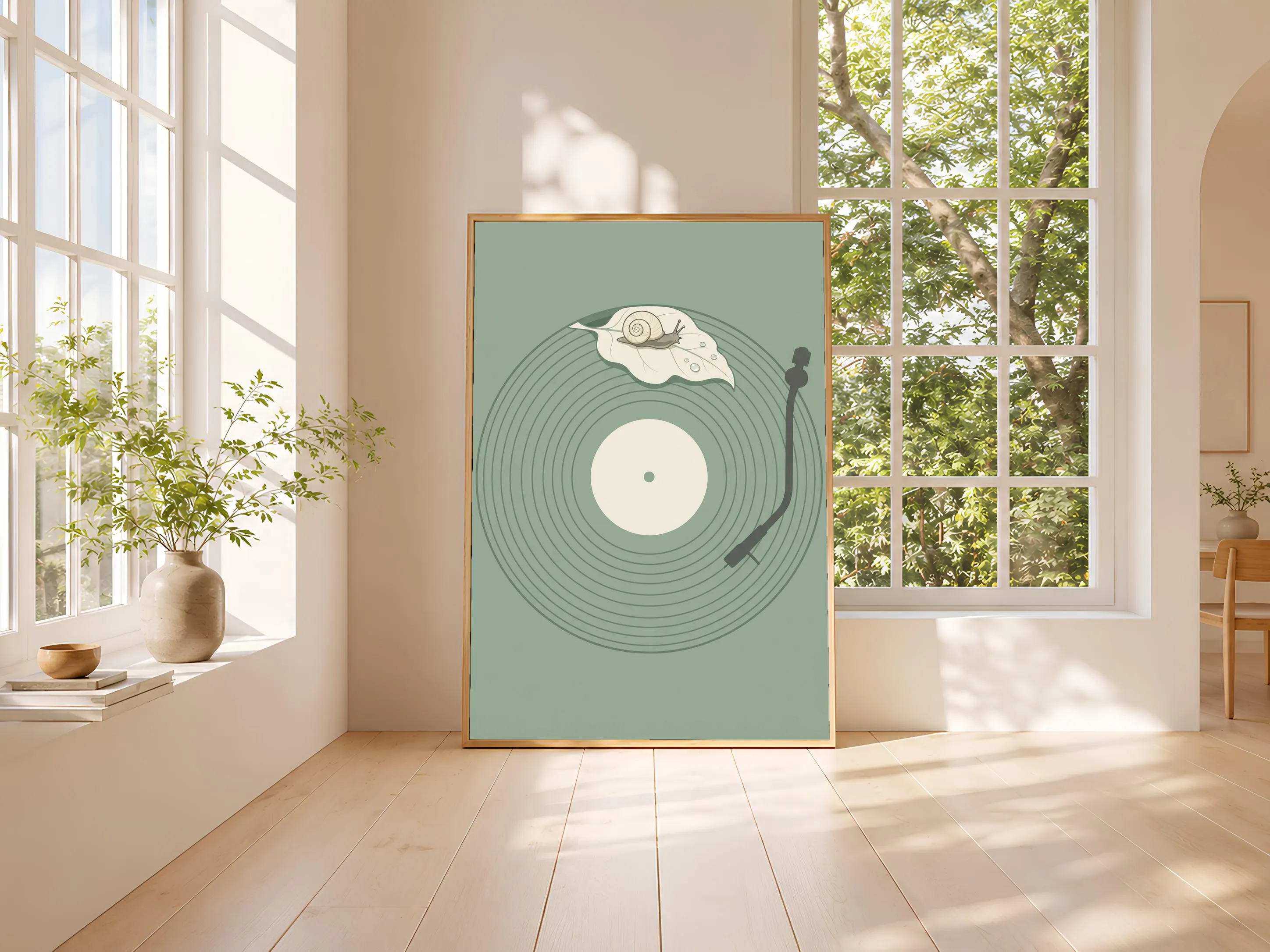 Snail Vinyl Record Print, Japanese Garden Music Poster, Sage Green Wall Art, Whimsical Gift – Calm Wall Art by Artsify thumbnail 3