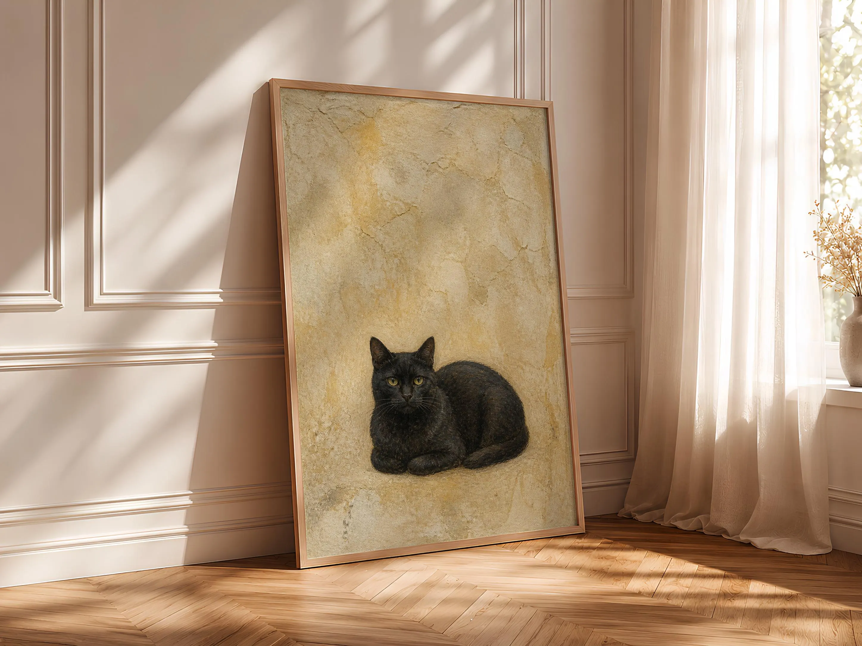 Black Cat Wall Art, Limestone Fresco Painting, Minimalist Animal Print, Housewarming Gift – Calm Wall Art by Artsify thumbnail 4