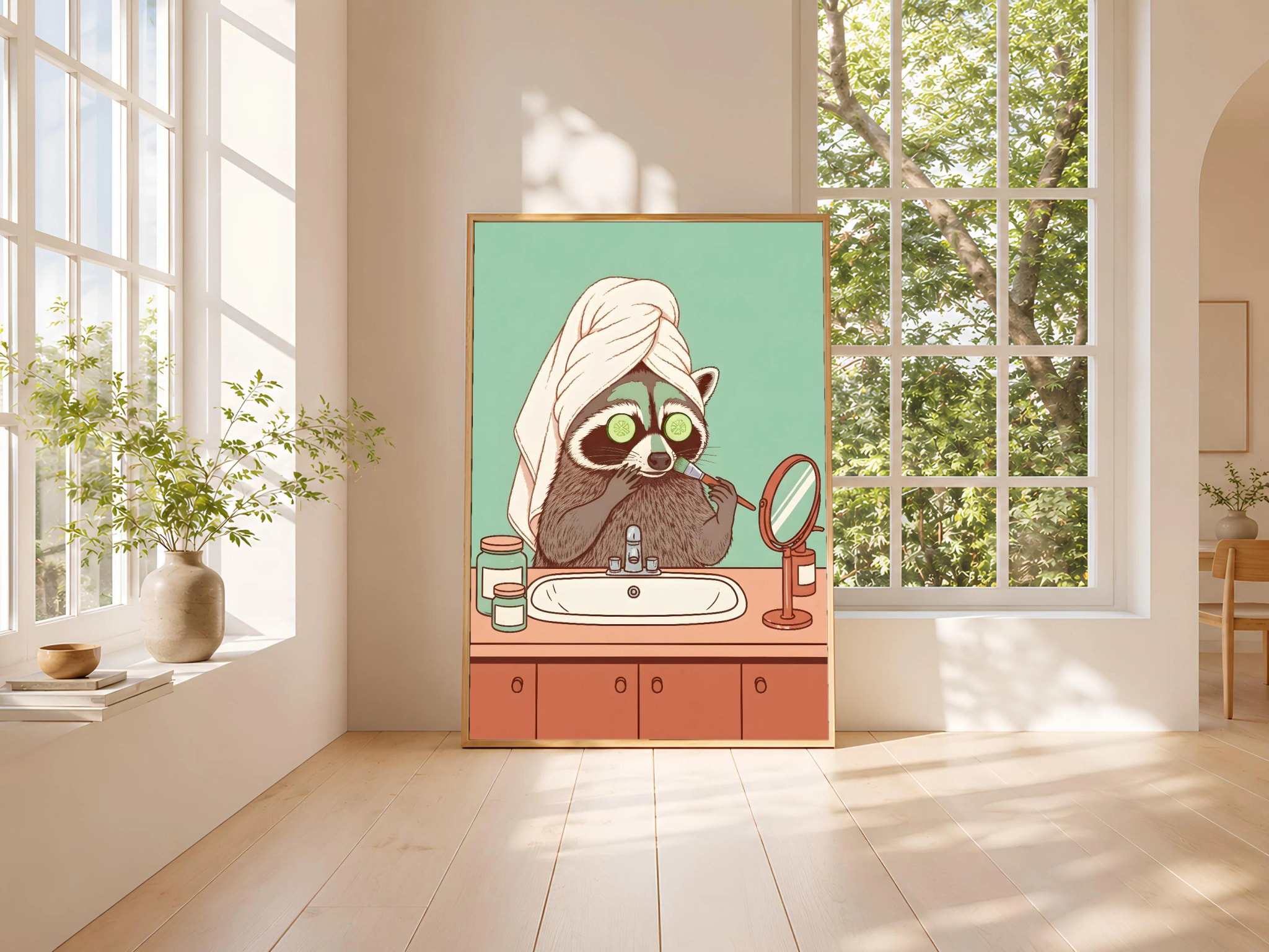 Raccoon Skincare Art Print, Funny Animal Poster, Retro Bathroom Wall Art, Quirky Spa Decor, Self Care Gift, Housewarming Gift – Calm Wall Art by Artsify thumbnail 3