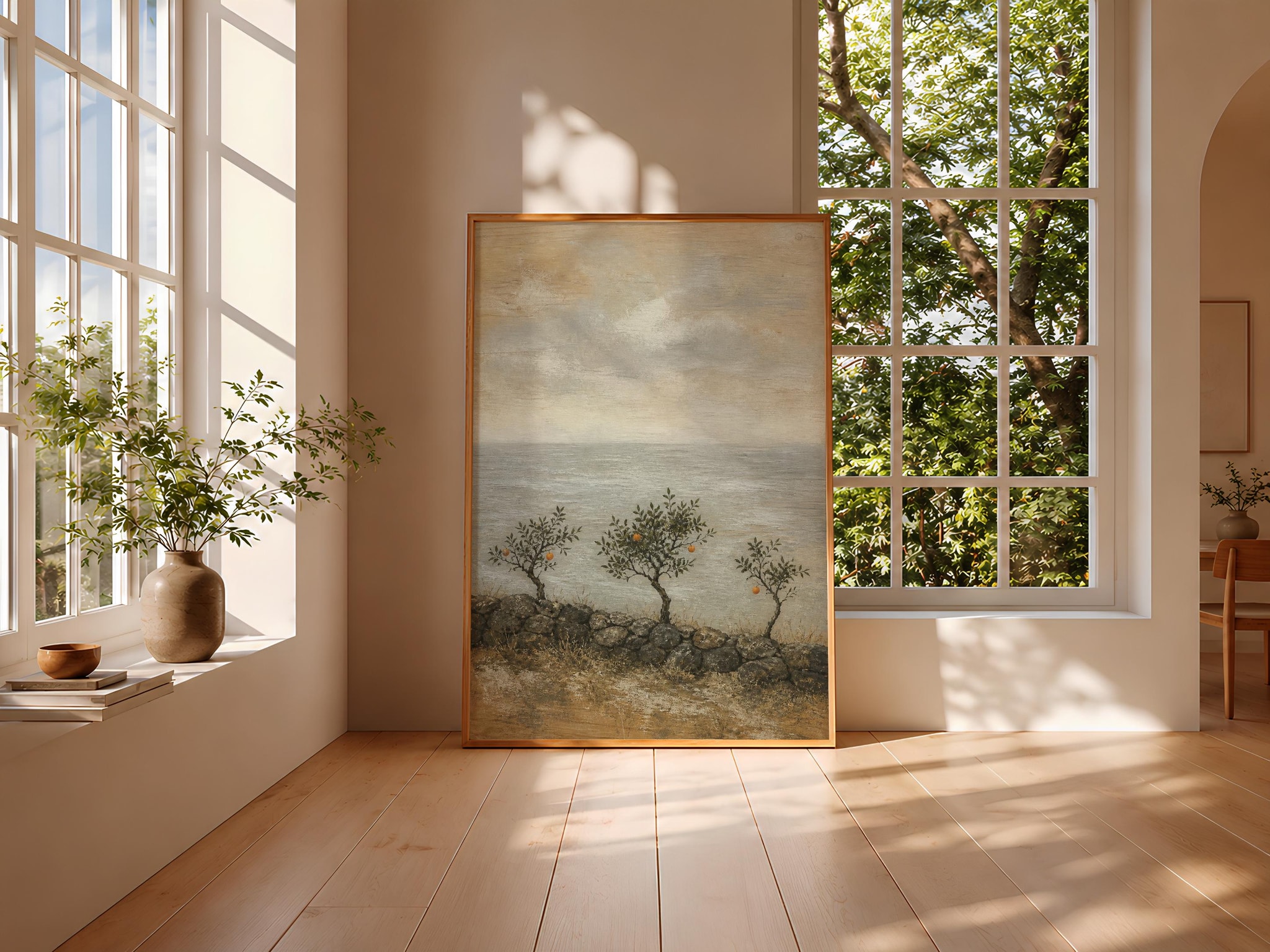 Mandarin Orchard Wall Art, Winter Sea Landscape, Muted Coastal Orange Tree Print – Calm Wall Art by Artsify thumbnail 3