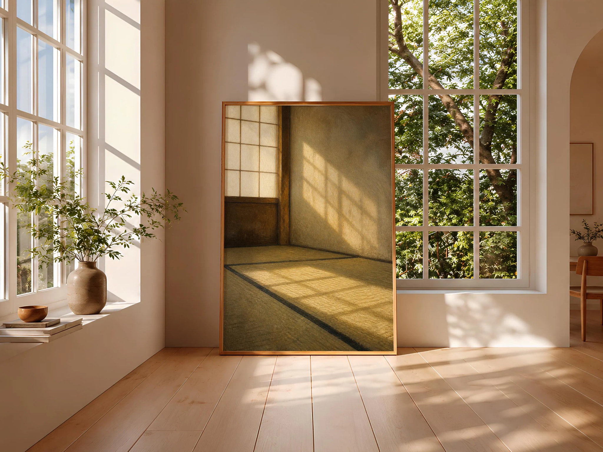 Tatami Room Wall Art, Japanese Interior Painting, Golden Morning Light Decor Print – Calm Wall Art by Artsify thumbnail 3