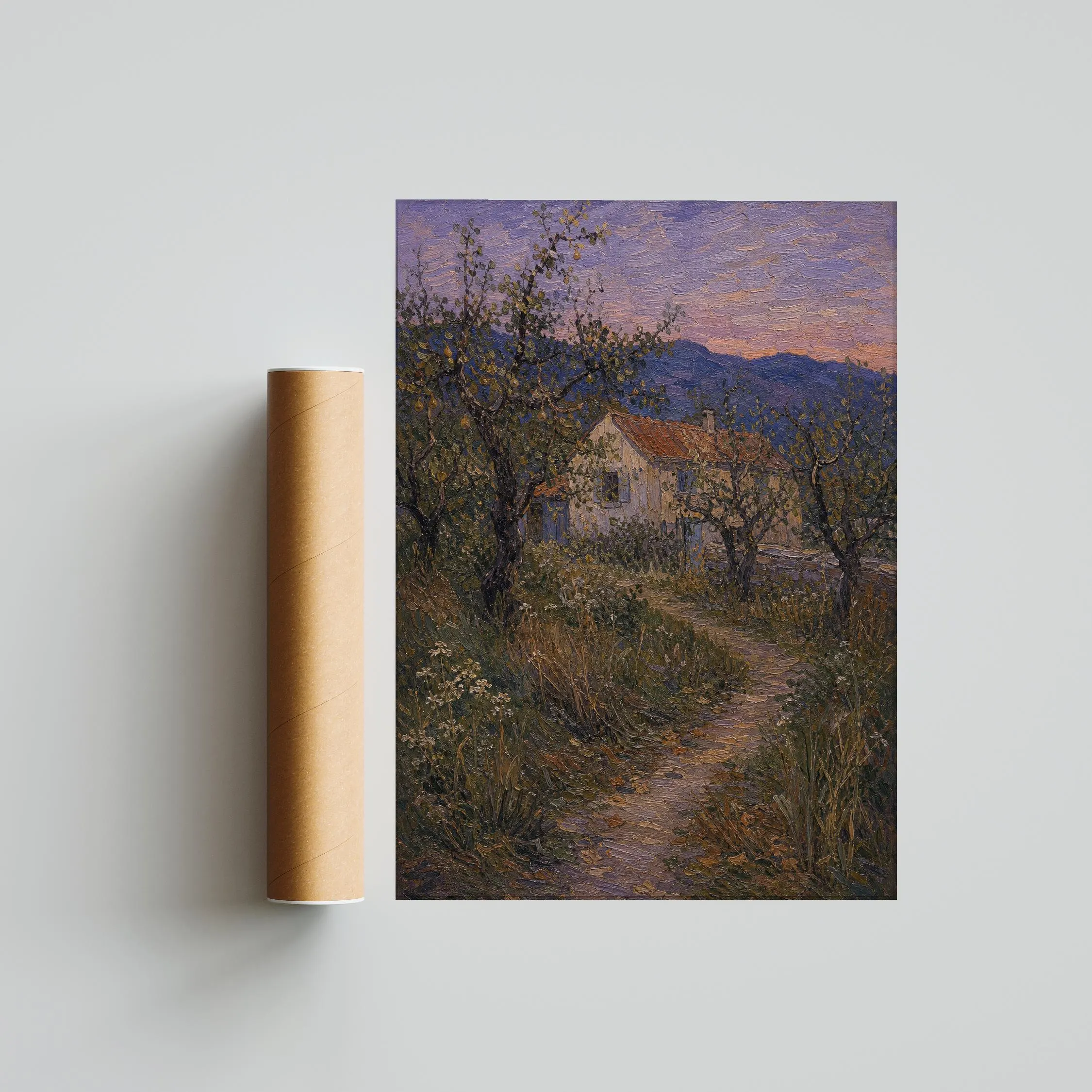 Pear Orchard Cottage Print, Cottagecore Landscape Wall Art, Farmhouse Dusk Poster, Rustic Country Decor, Housewarming Gift – Calm Wall Art by Artsify thumbnail 5