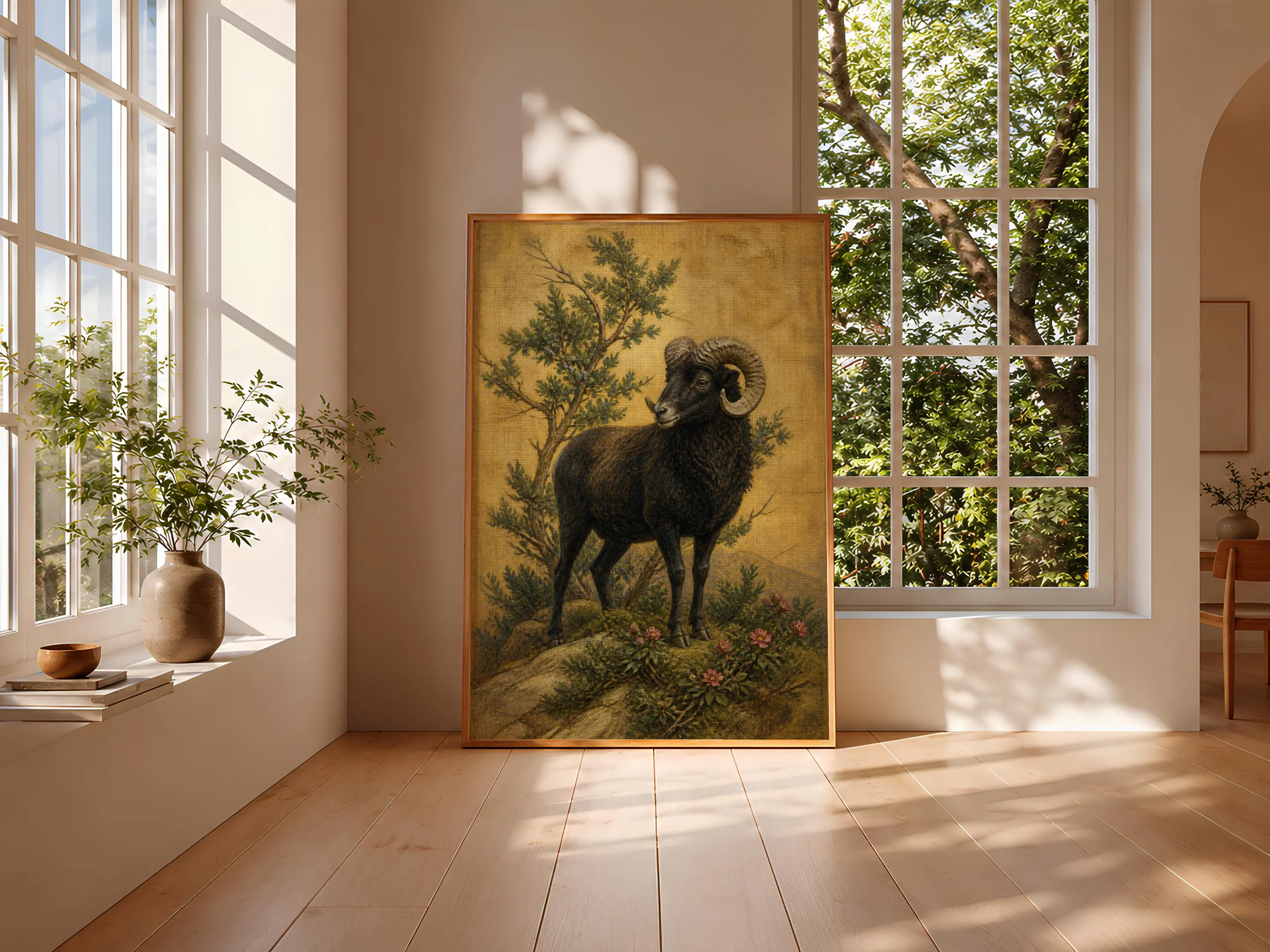 Black Ram Wall Art, Arts and Crafts Animal Oil Painting, Alpine Botanical Decor – Calm Wall Art by Artsify thumbnail 3