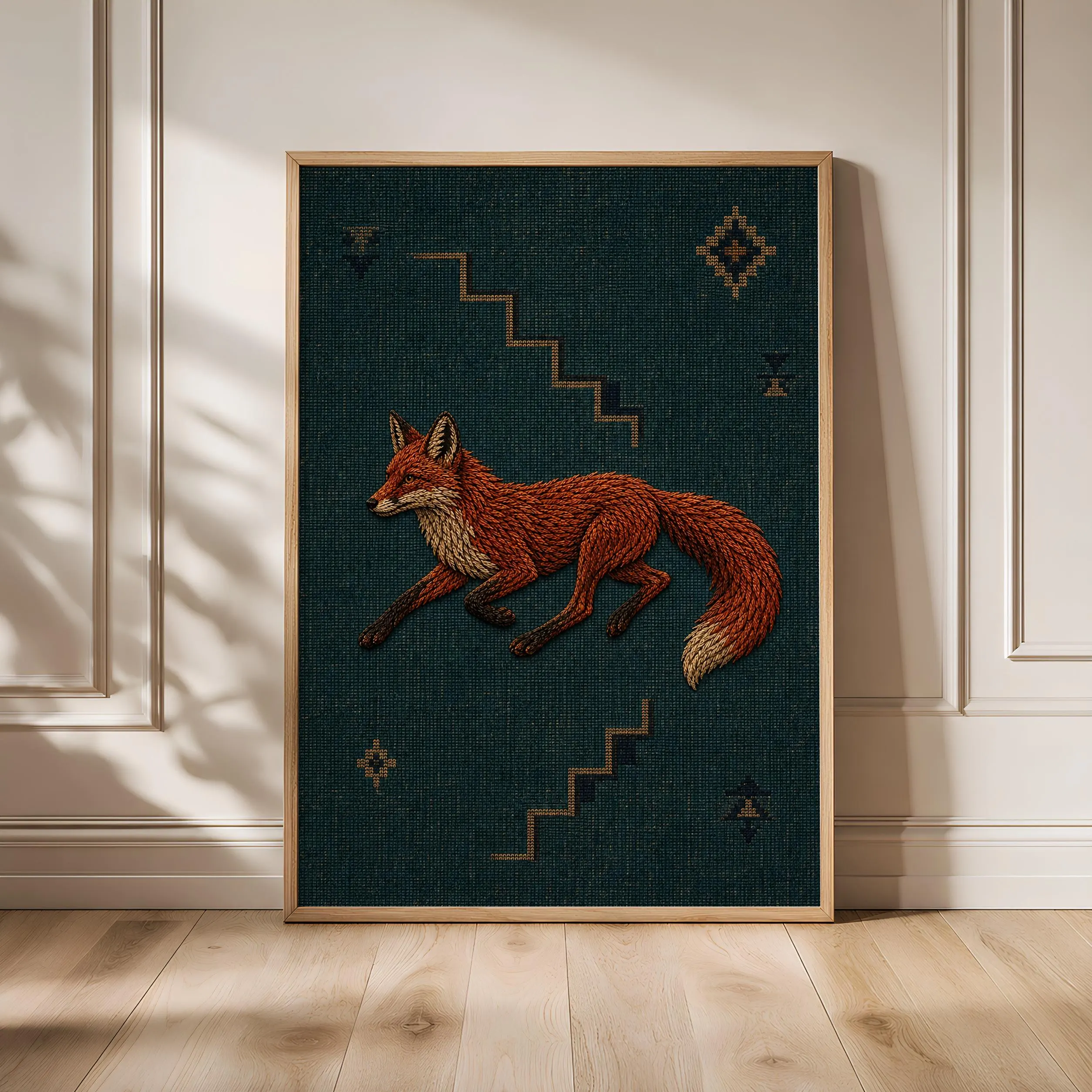 Embroidered Fox Print, Minimalist Kilim Wall Art, Teal Boho Poster, Housewarming Gift – Calm Wall Art by Artsify