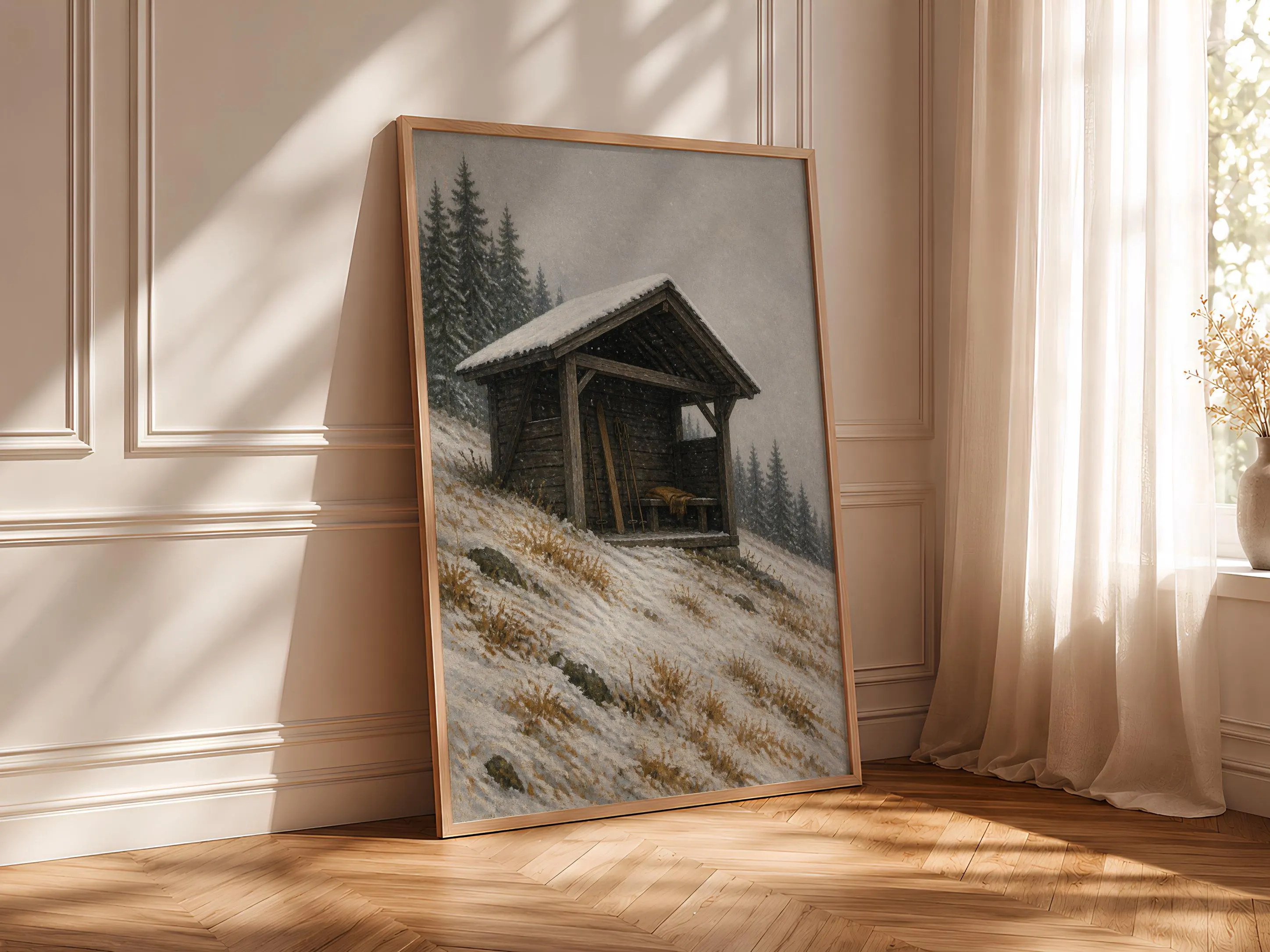 Wooden Ski Shelter Wall Art, Realist Oil Painting Winter Cabin, Snowy Grey Alpine Decor Print – Calm Wall Art by Artsify thumbnail 4