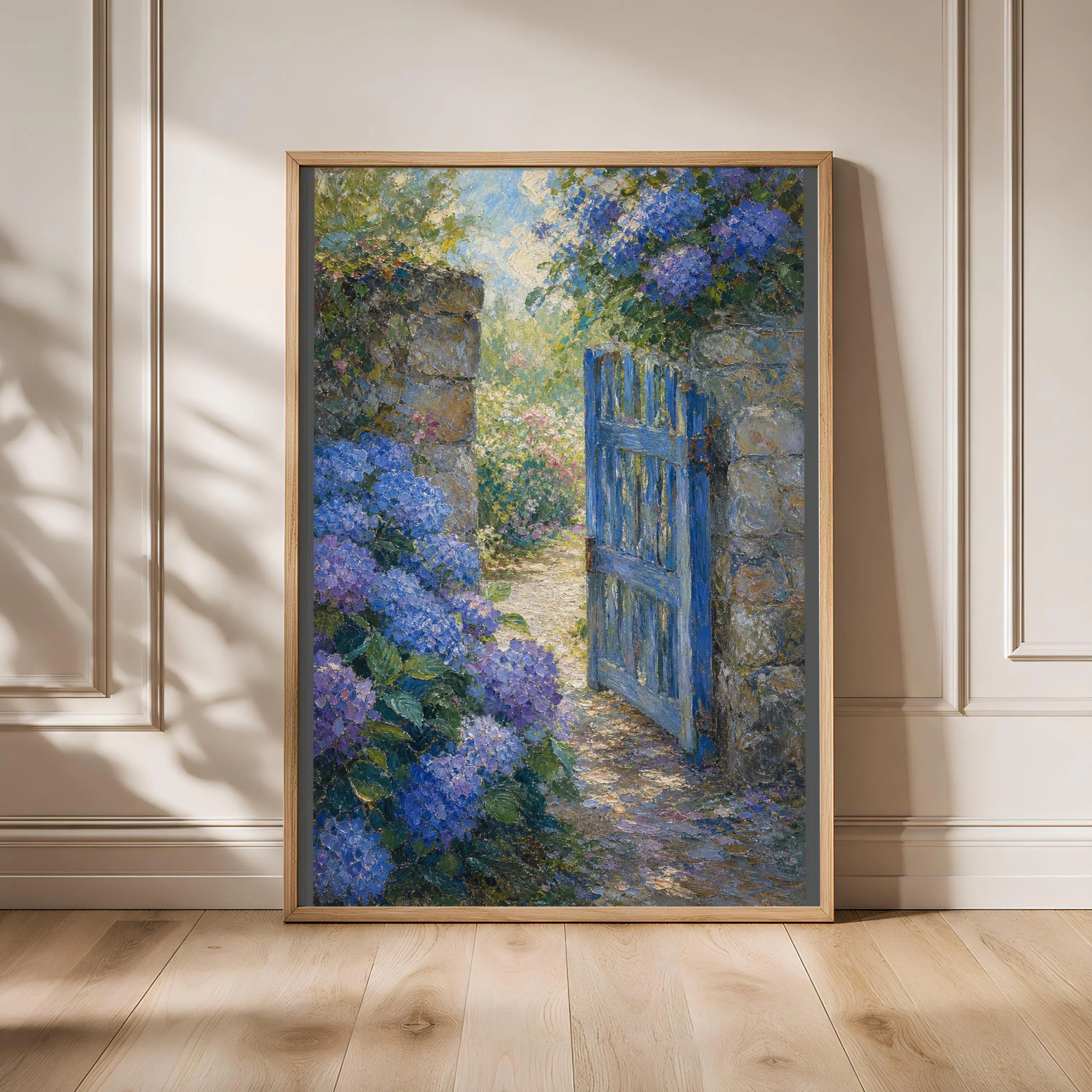 Monet Style Garden Gate Print, Blue Hydrangea Wall Art, Impressionist Cottage Poster, Floral Garden Decor, Housewarming Gift – Calm Wall Art by Artsify