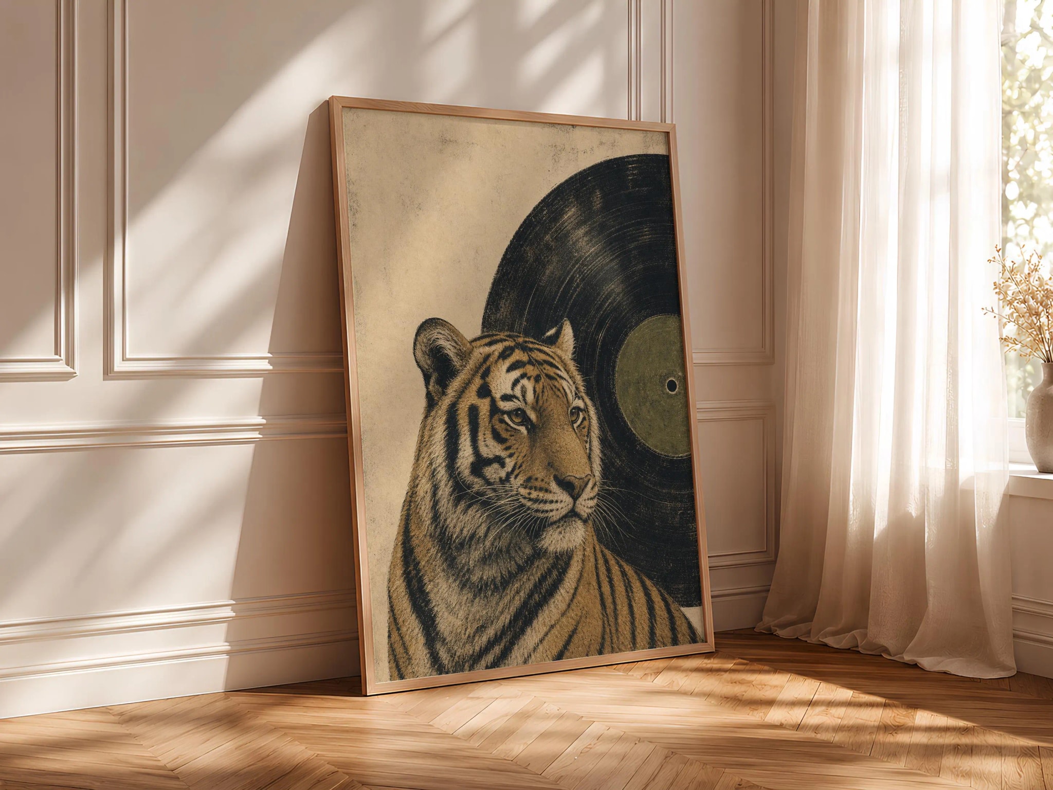 Tiger Vinyl Record Print, Woodblock Animal Wall Art, Olive Label Music Poster, Vinyl Record Lover Decor, Housewarming Gift – Calm Wall Art by Artsify thumbnail 4