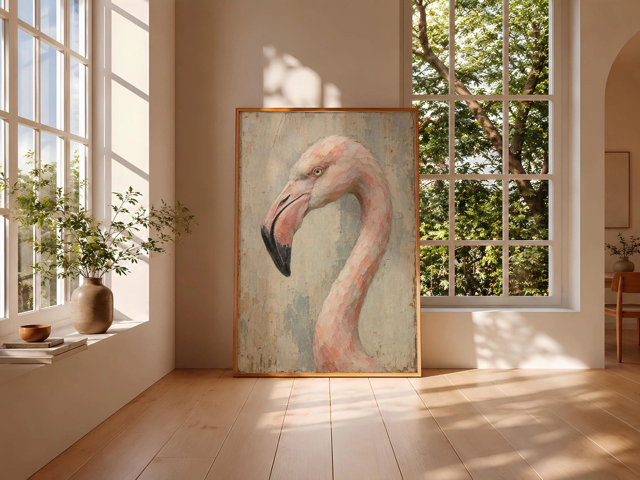 Cubist Flamingo Wall Art, Abstract Geometric Tropical Bird Portrait, Muted Pink Decor – Calm Wall Art by Artsify thumbnail 3